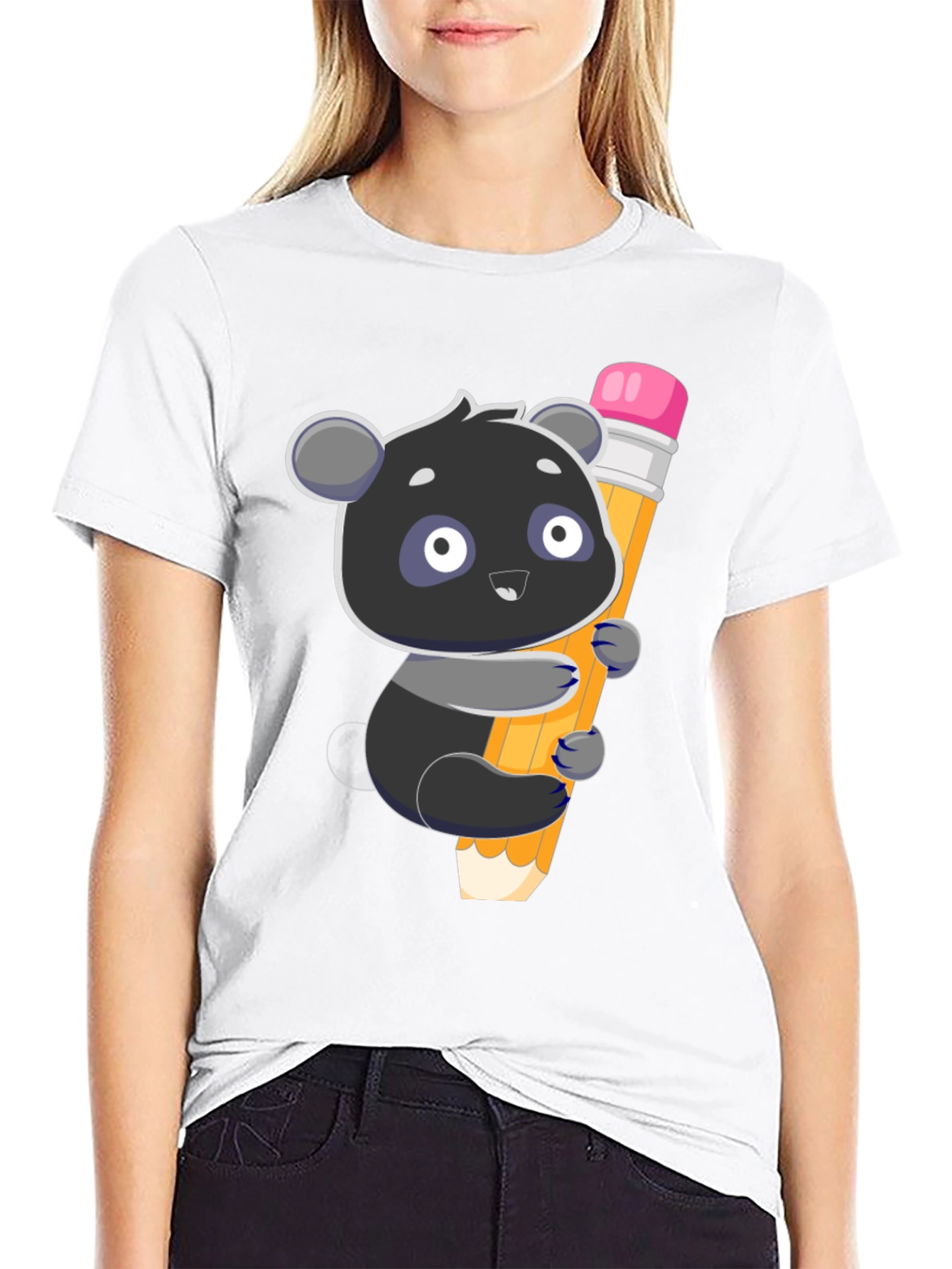 Cute Panda Holding Pencil Graphic T-Shirt