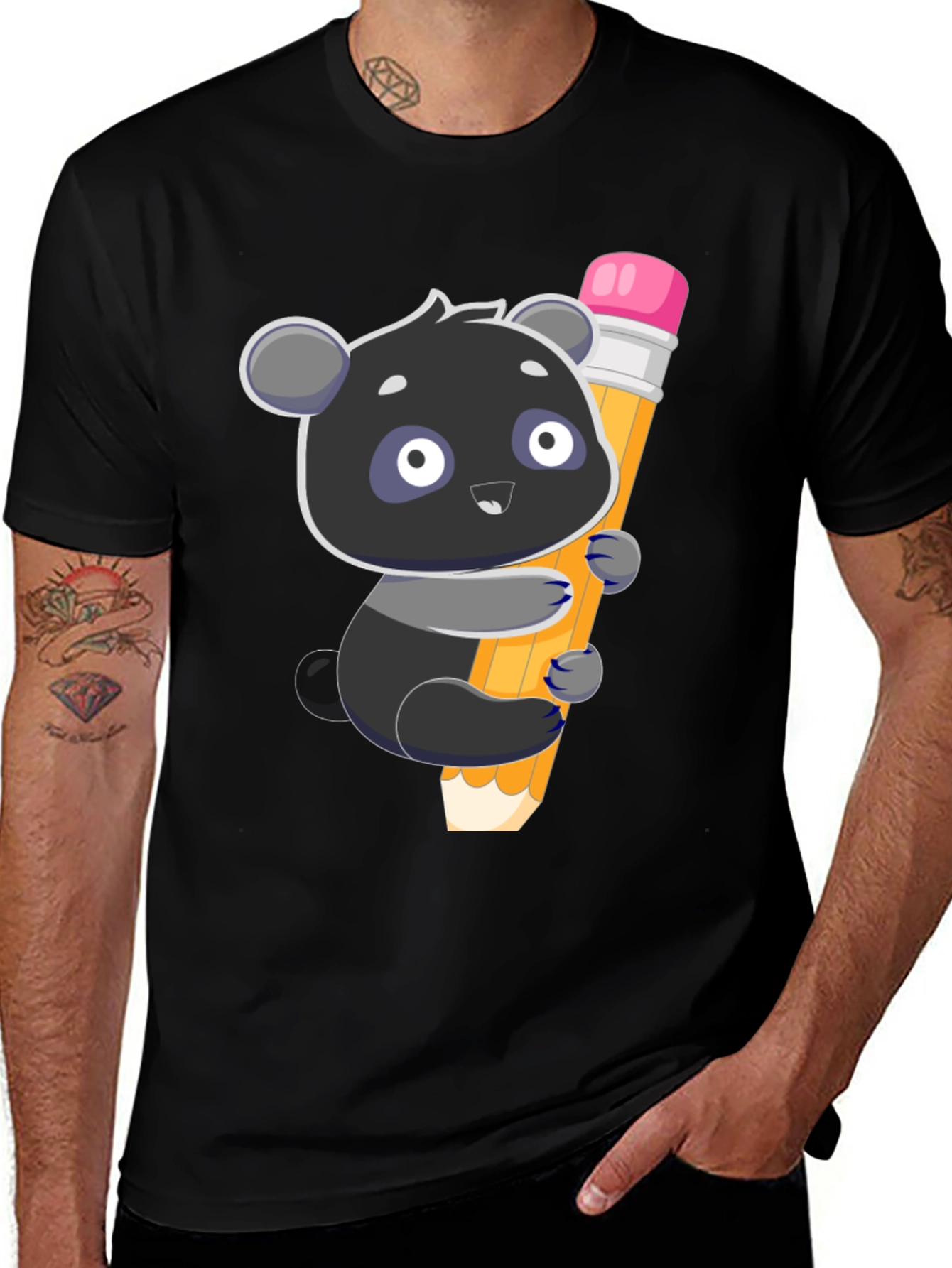Cute Panda Holding Pencil Graphic T-Shirt