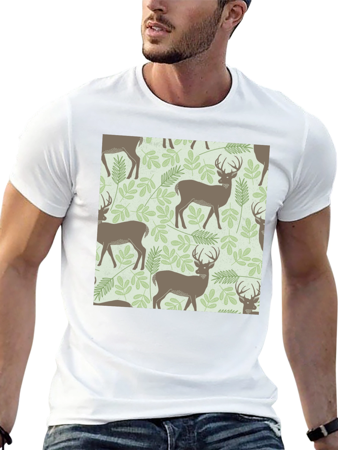 Deer & Foliage Print Black T-Shirt