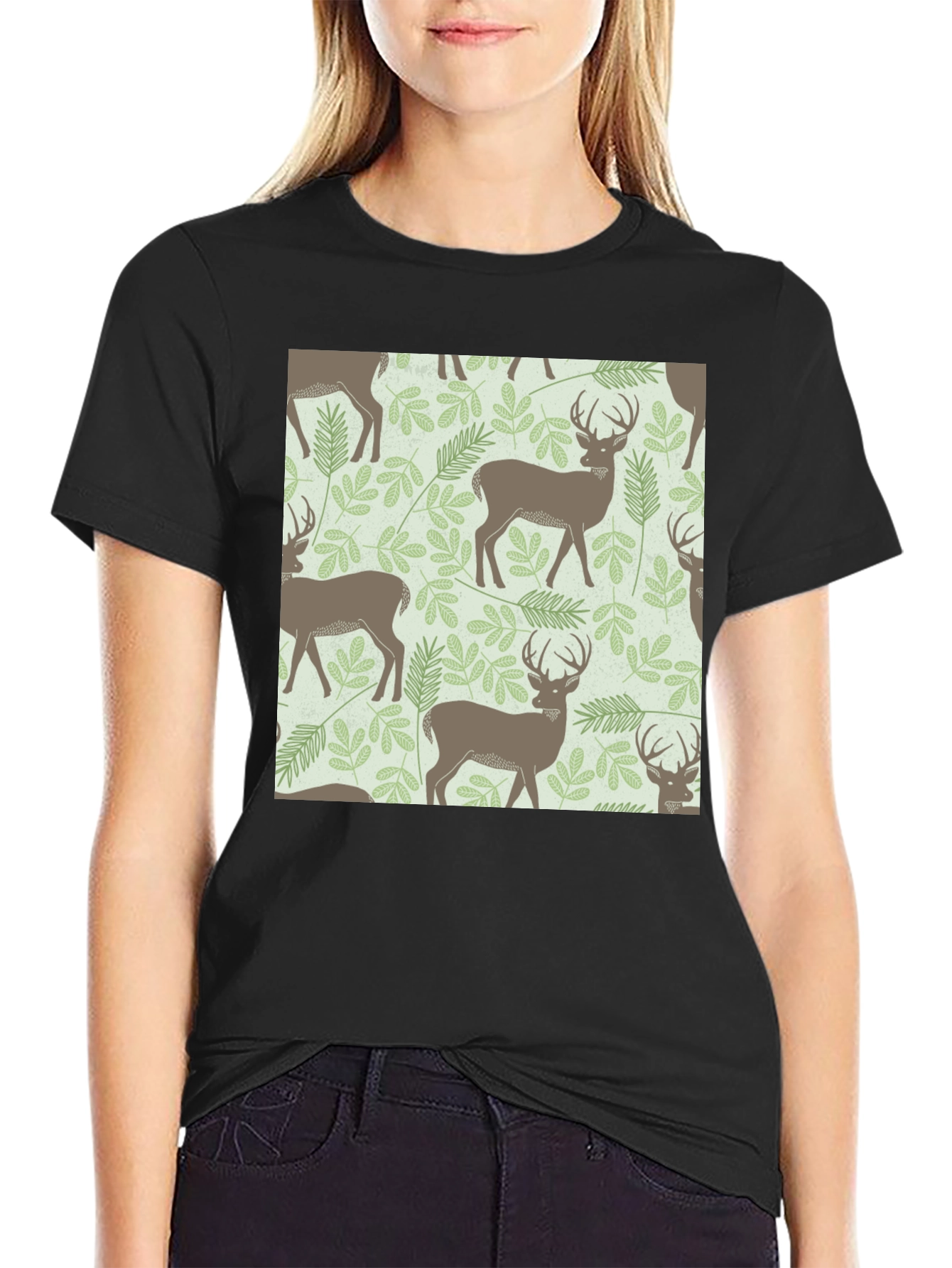 Deer & Foliage Print Black T-Shirt