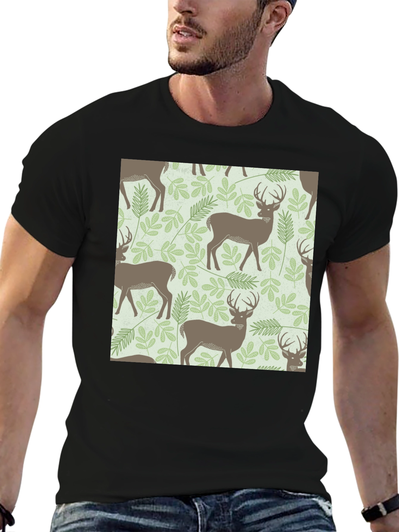 Deer & Foliage Print Black T-Shirt