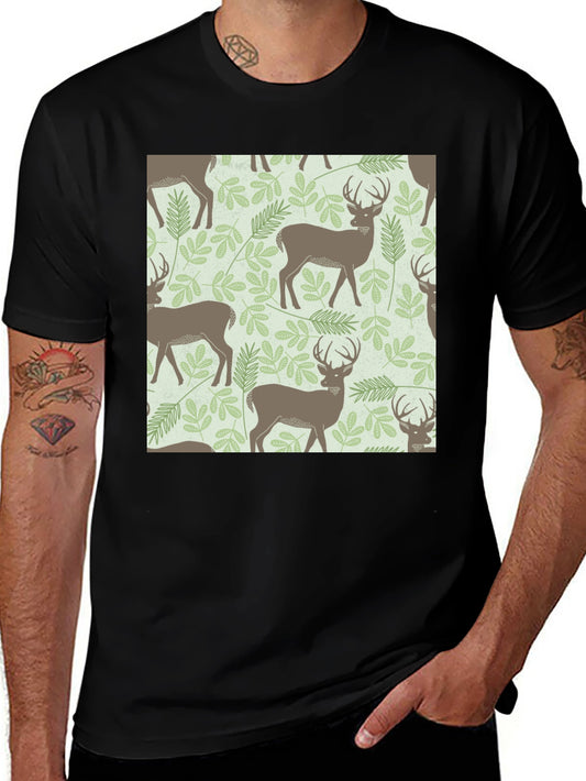 Deer & Foliage Print Black T-Shirt