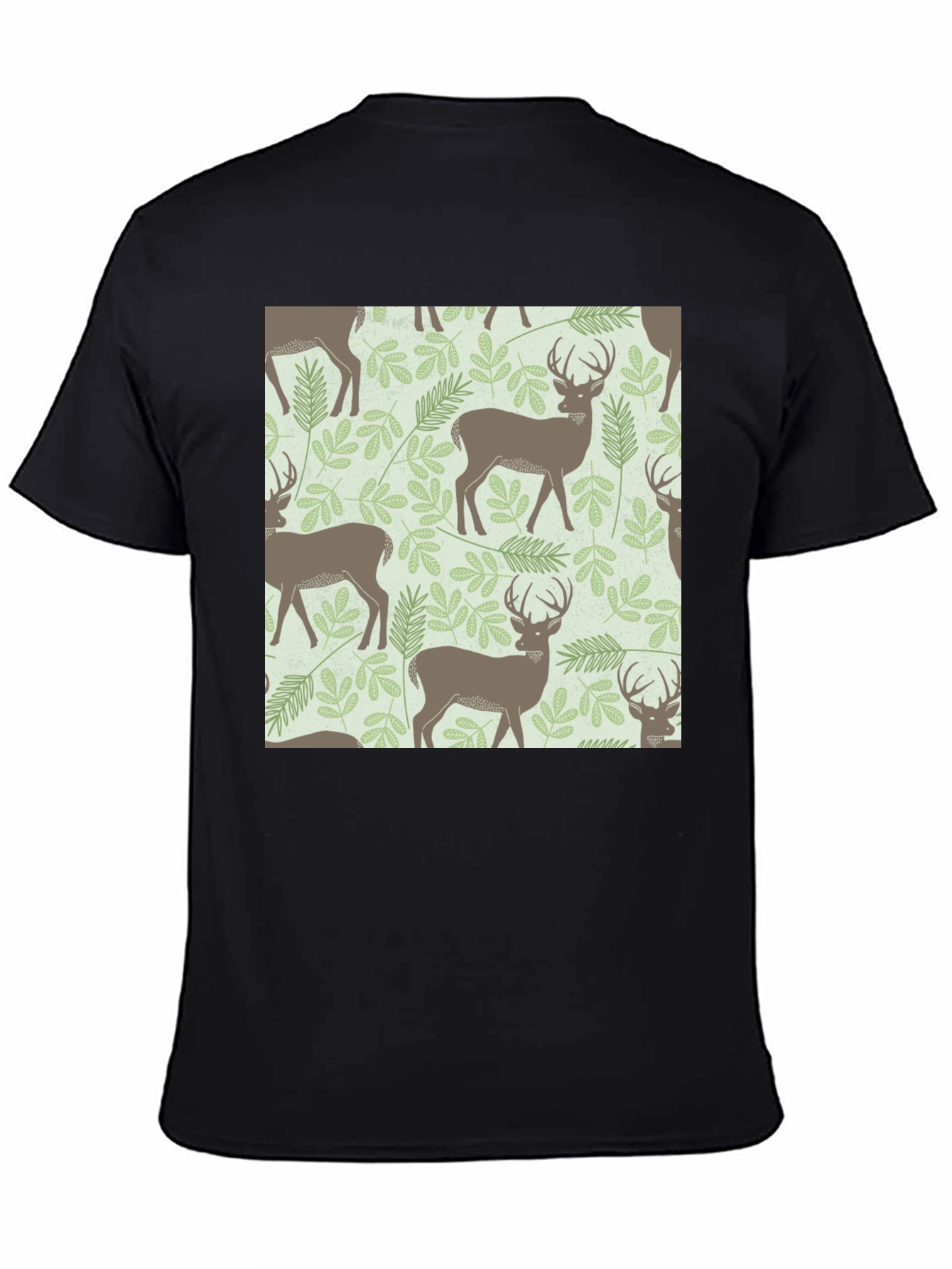 Deer & Foliage Print Black T-Shirt