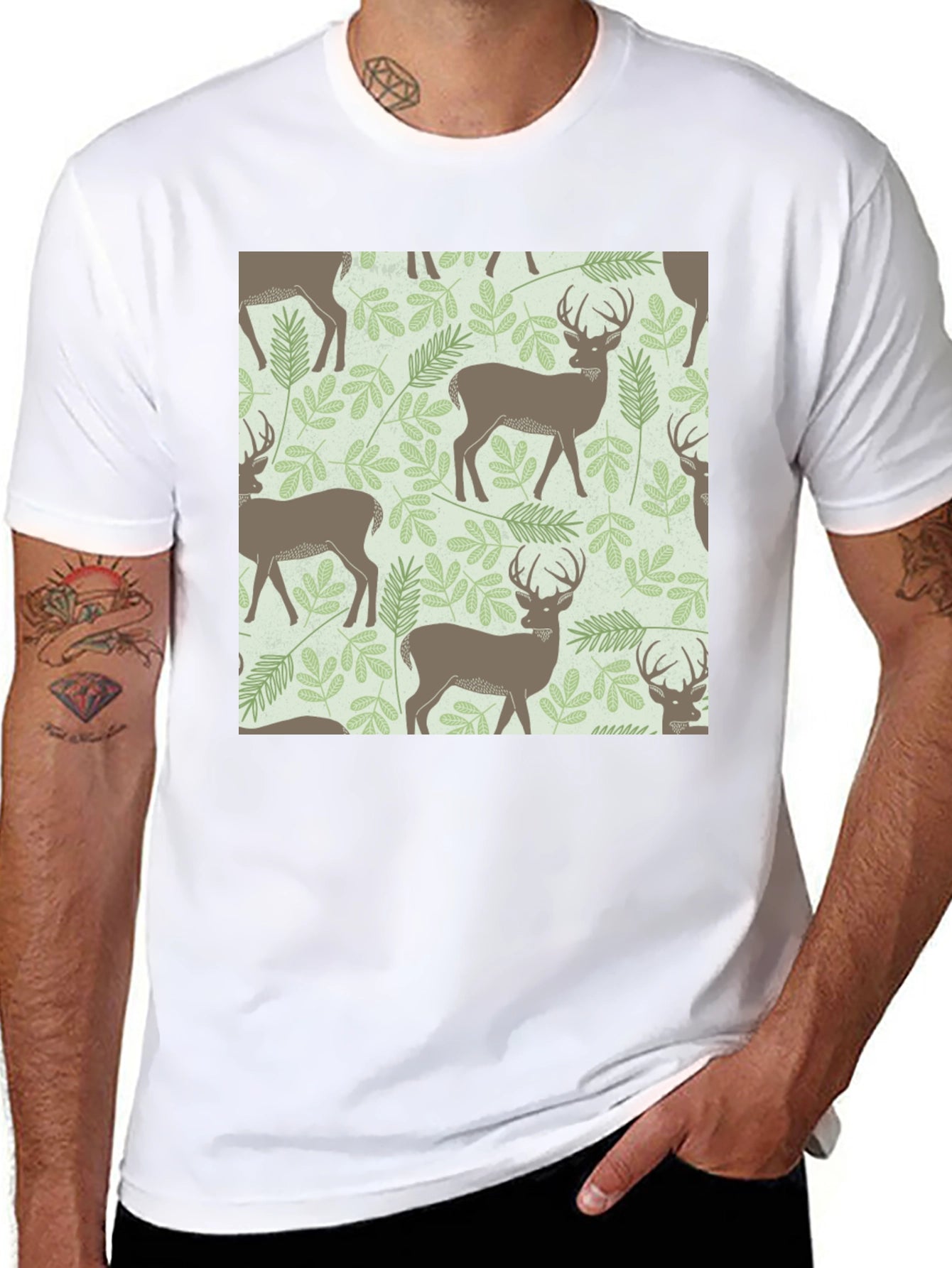 Deer & Foliage Print Black T-Shirt