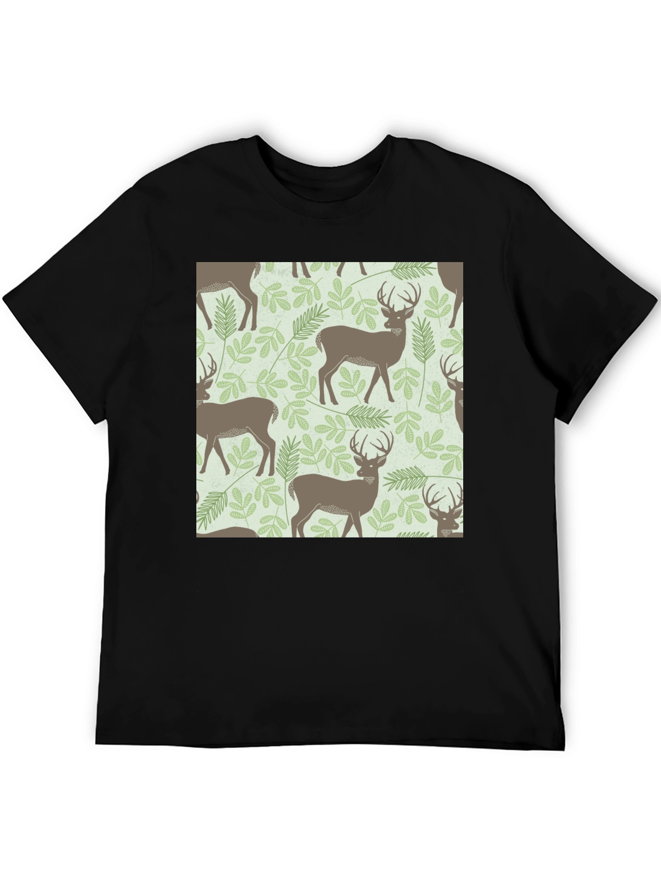 Deer & Foliage Print Black T-Shirt