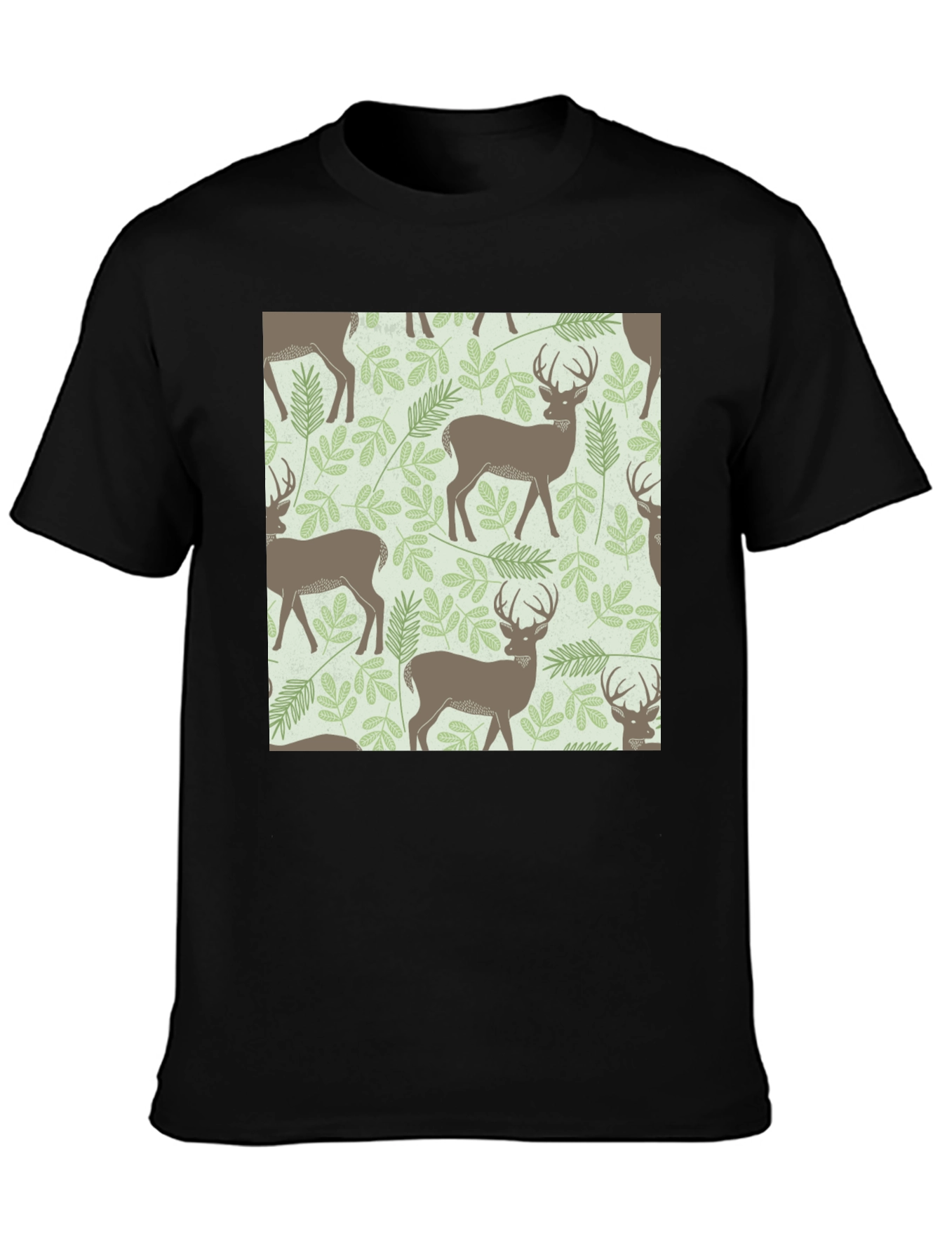 Deer & Foliage Print Black T-Shirt