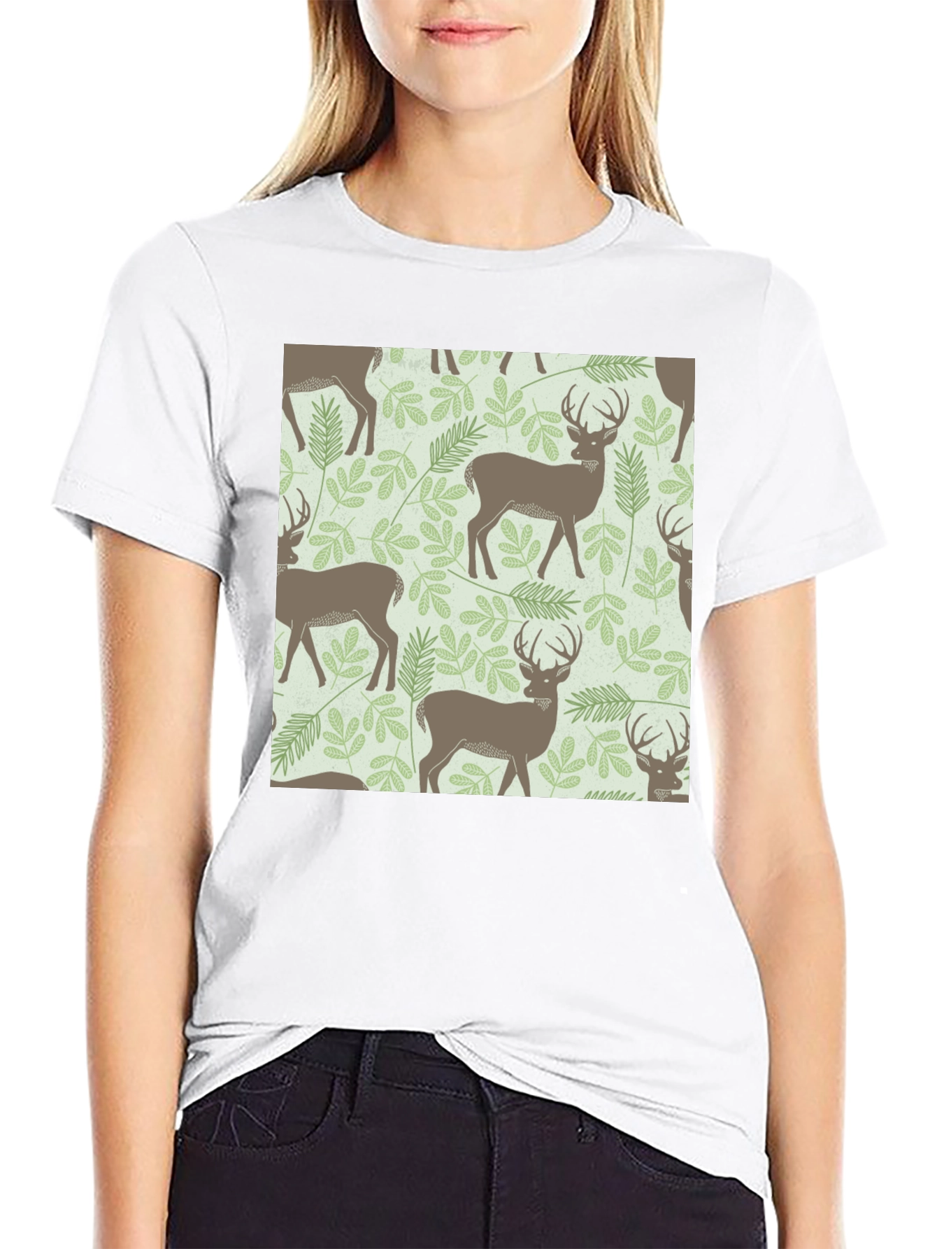 Deer & Foliage Print Black T-Shirt