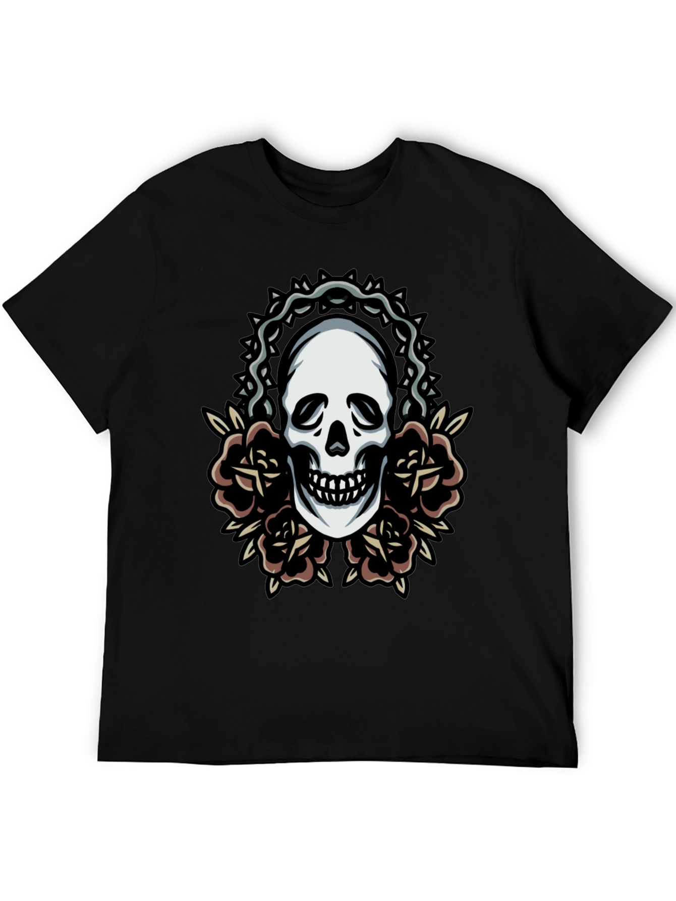 Skull and Roses Graphic Tee - Classic Black T-Shirt