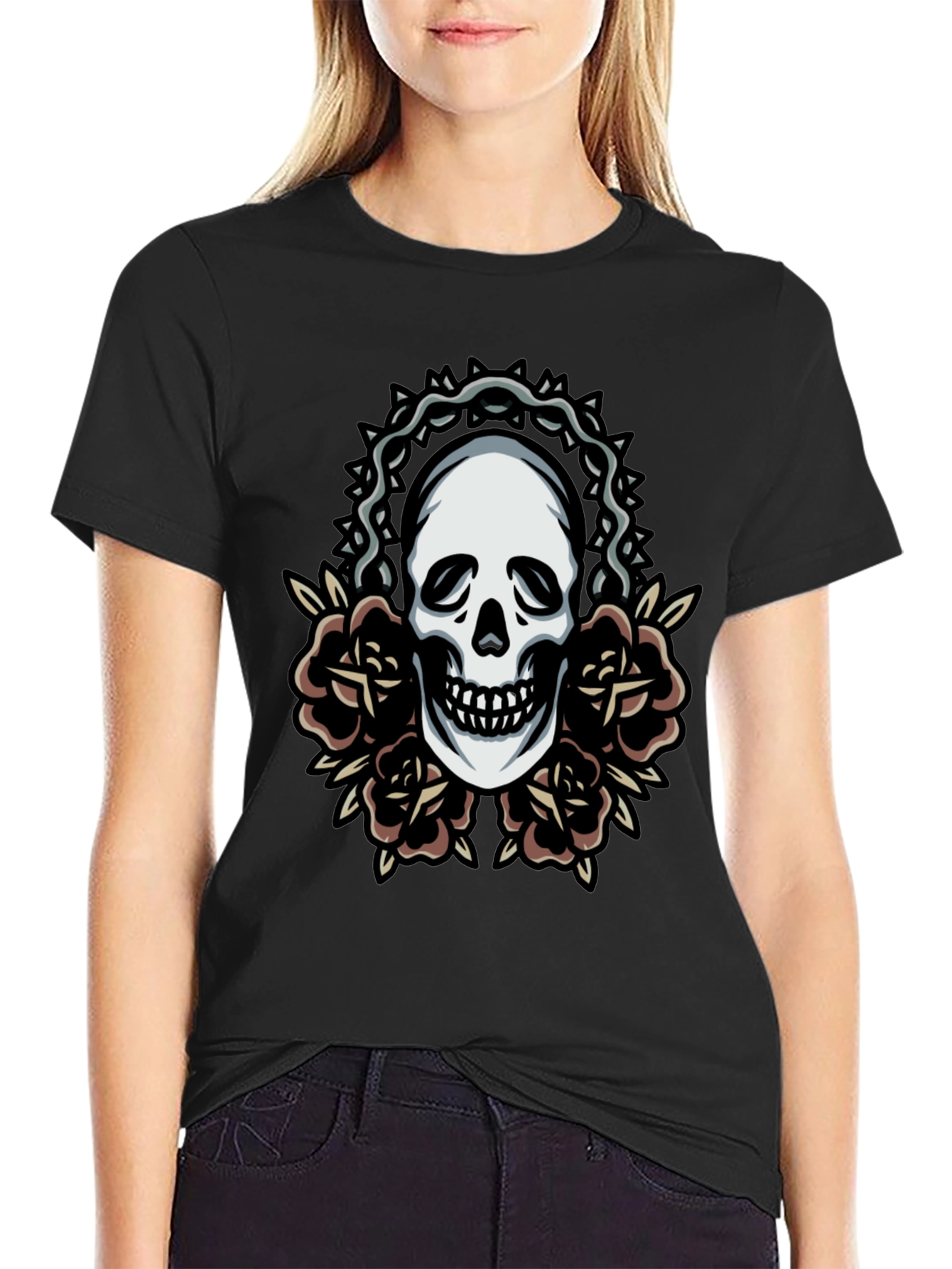 Skull and Roses Graphic Tee - Classic Black T-Shirt
