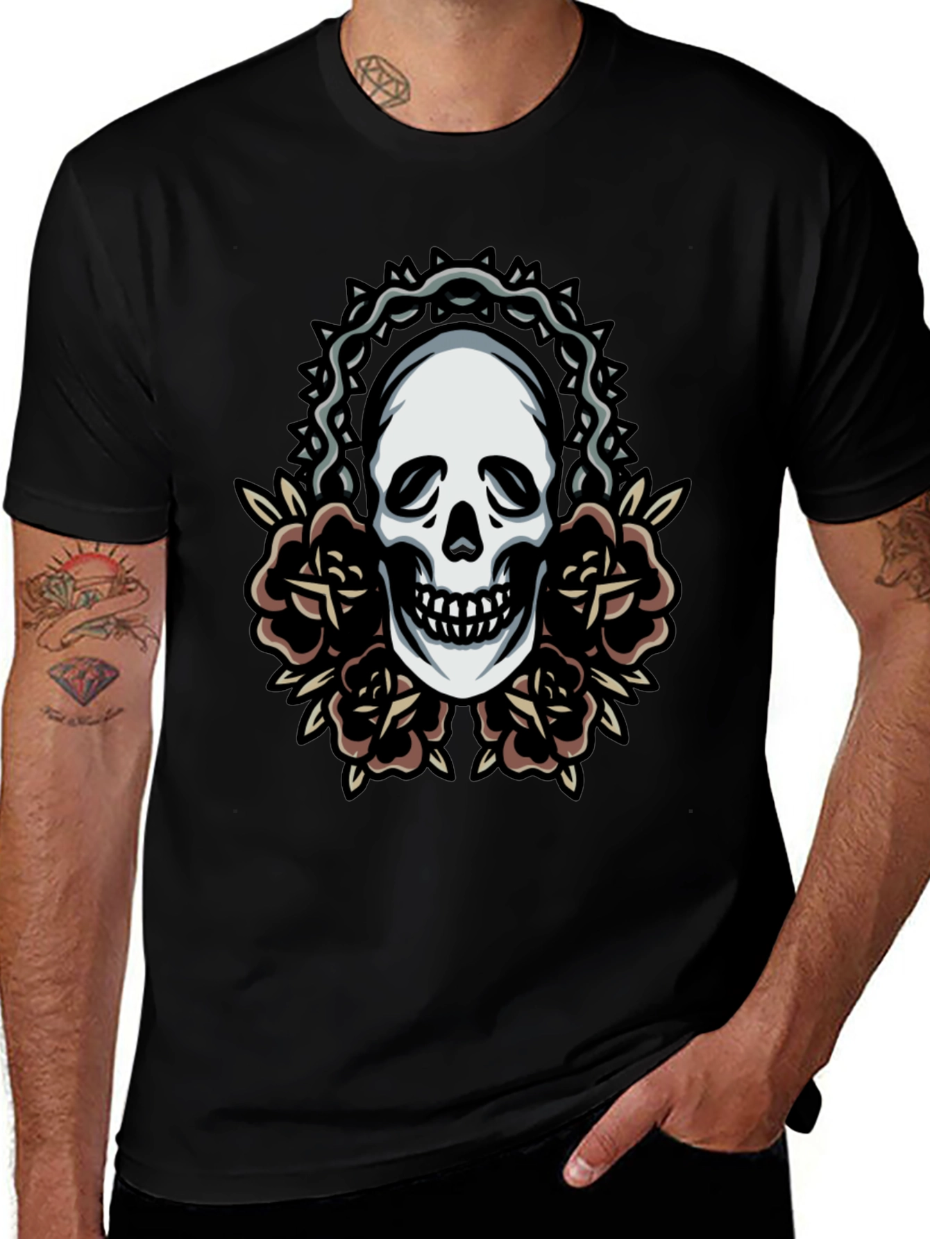 Skull and Roses Graphic Tee - Classic Black T-Shirt