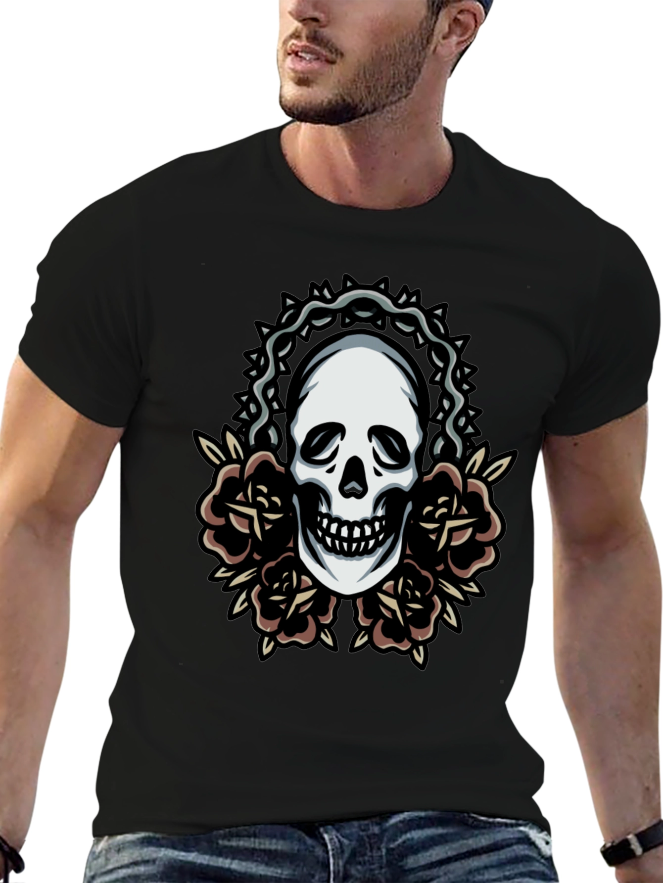 Skull and Roses Graphic Tee - Classic Black T-Shirt