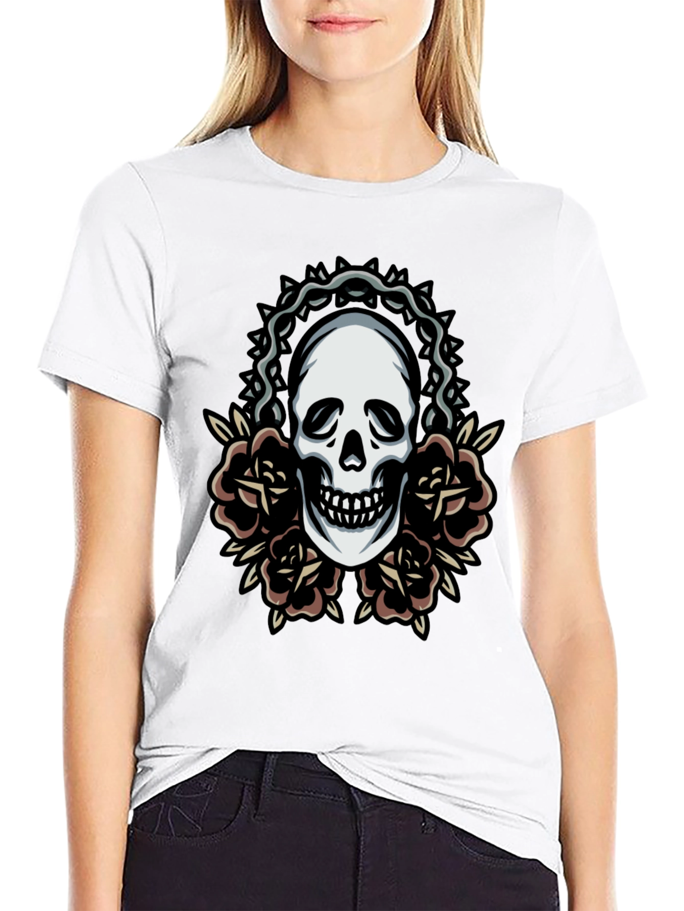 Skull and Roses Graphic Tee - Classic Black T-Shirt
