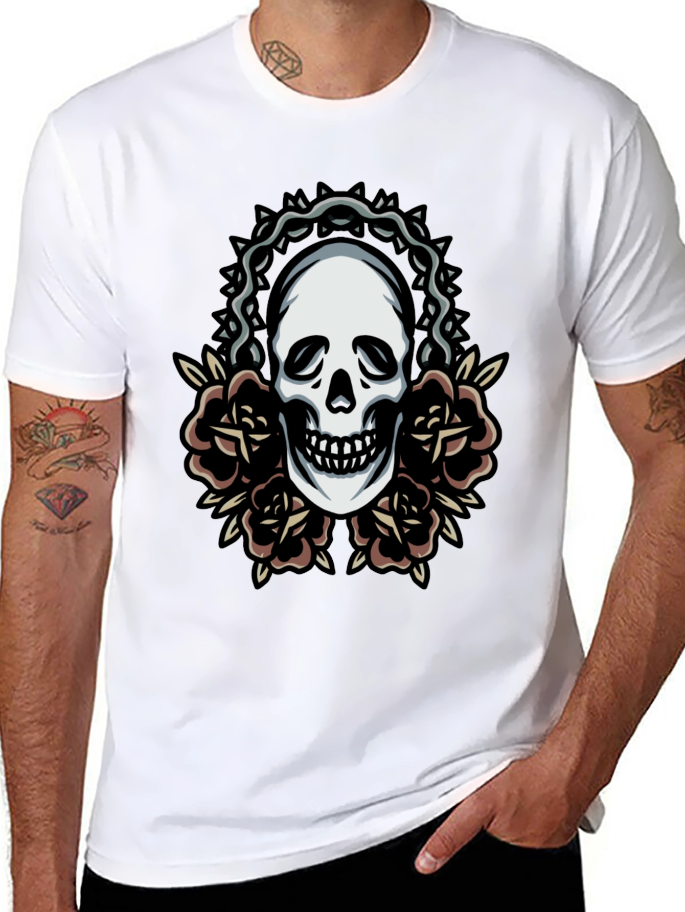 Skull and Roses Graphic Tee - Classic Black T-Shirt