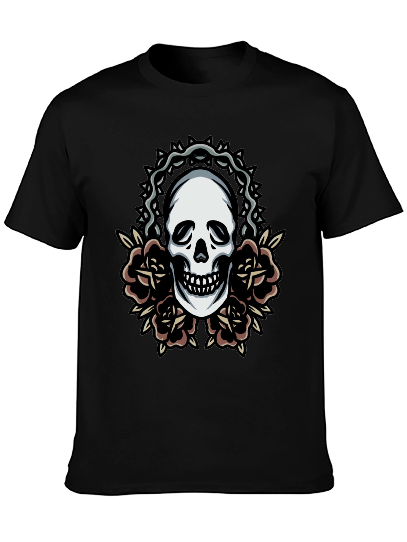 Skull and Roses Graphic Tee - Classic Black T-Shirt