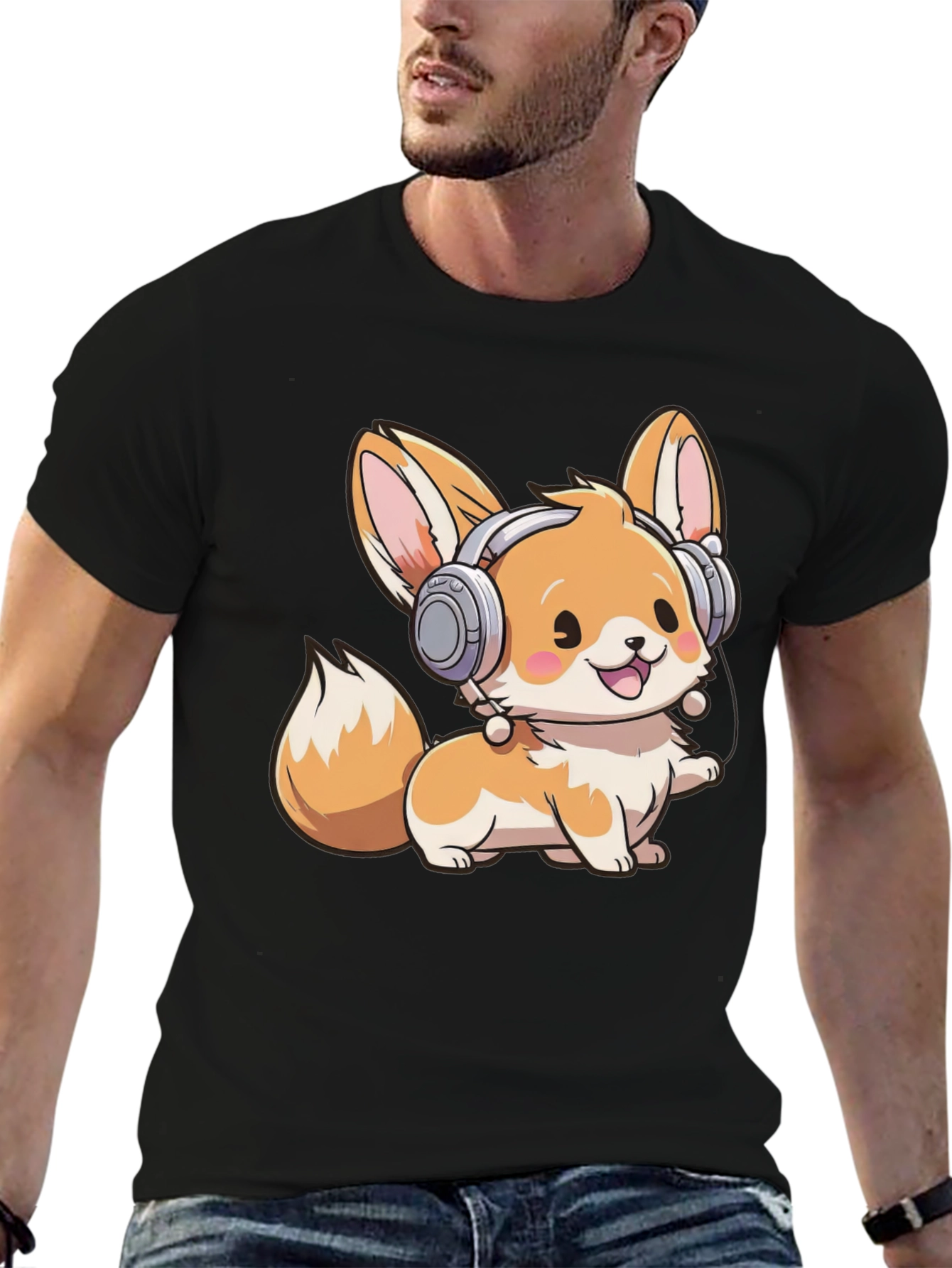 Cute Fox with Headphones Graphic Tee