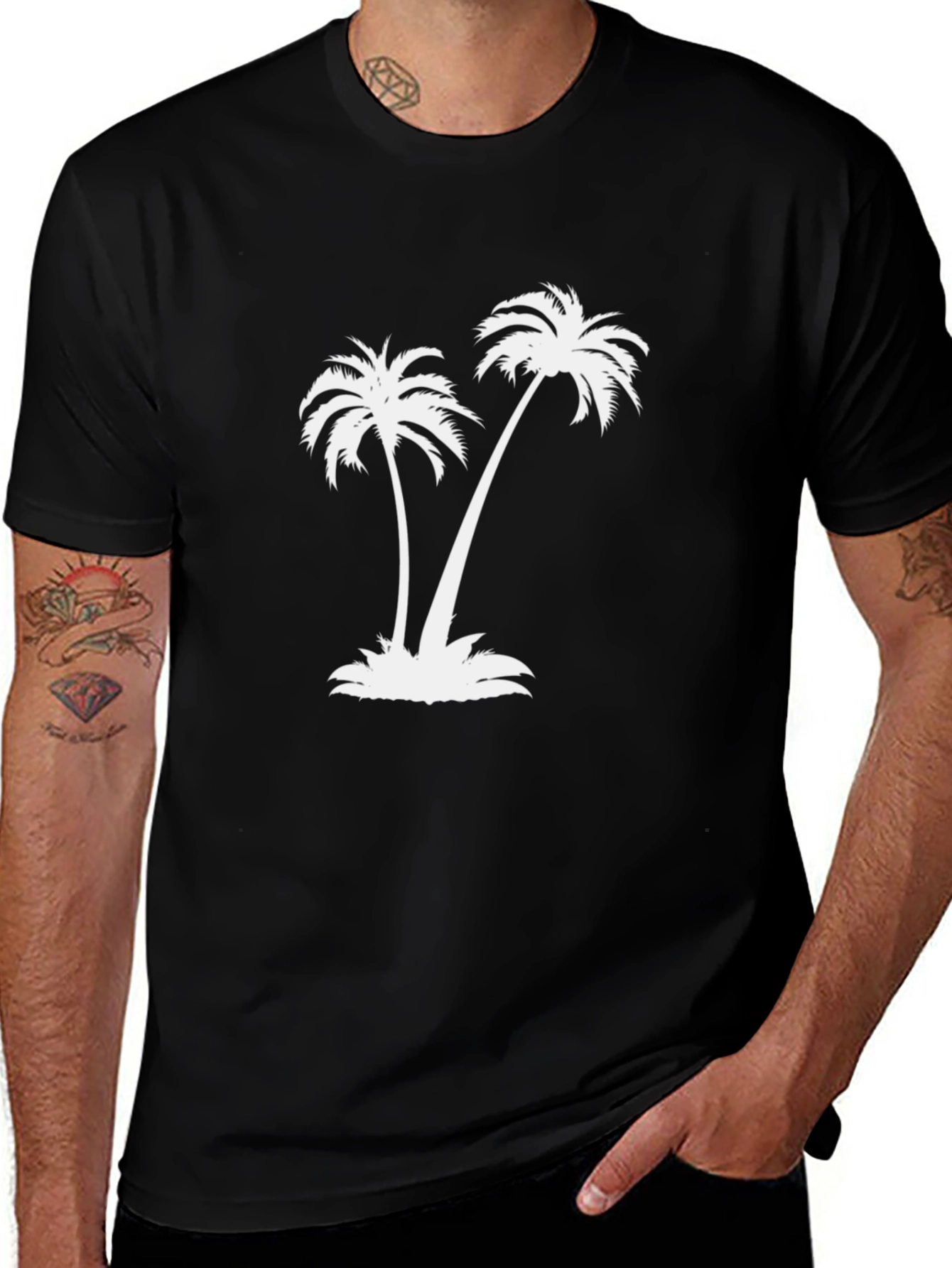 Tropical Palm Tree Graphic Tee - Black Cotton T-Shirt