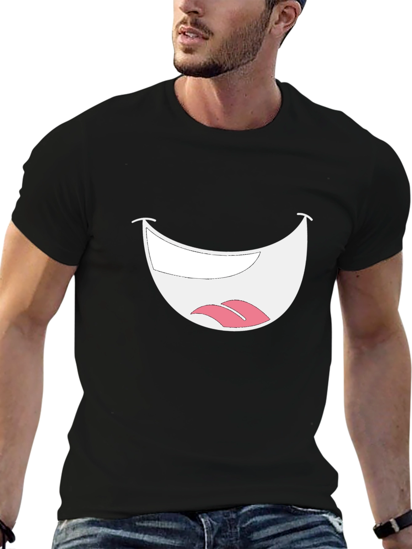 Smiley Mouth Graphic Tee - Black Cotton T-Shirt