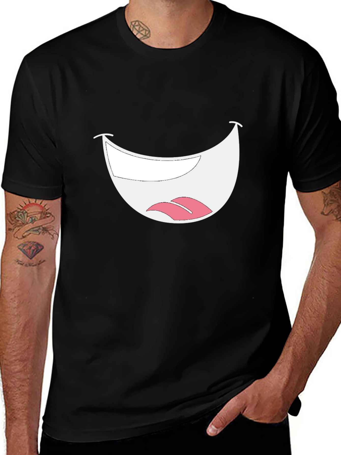 Smiley Mouth Graphic Tee - Black Cotton T-Shirt