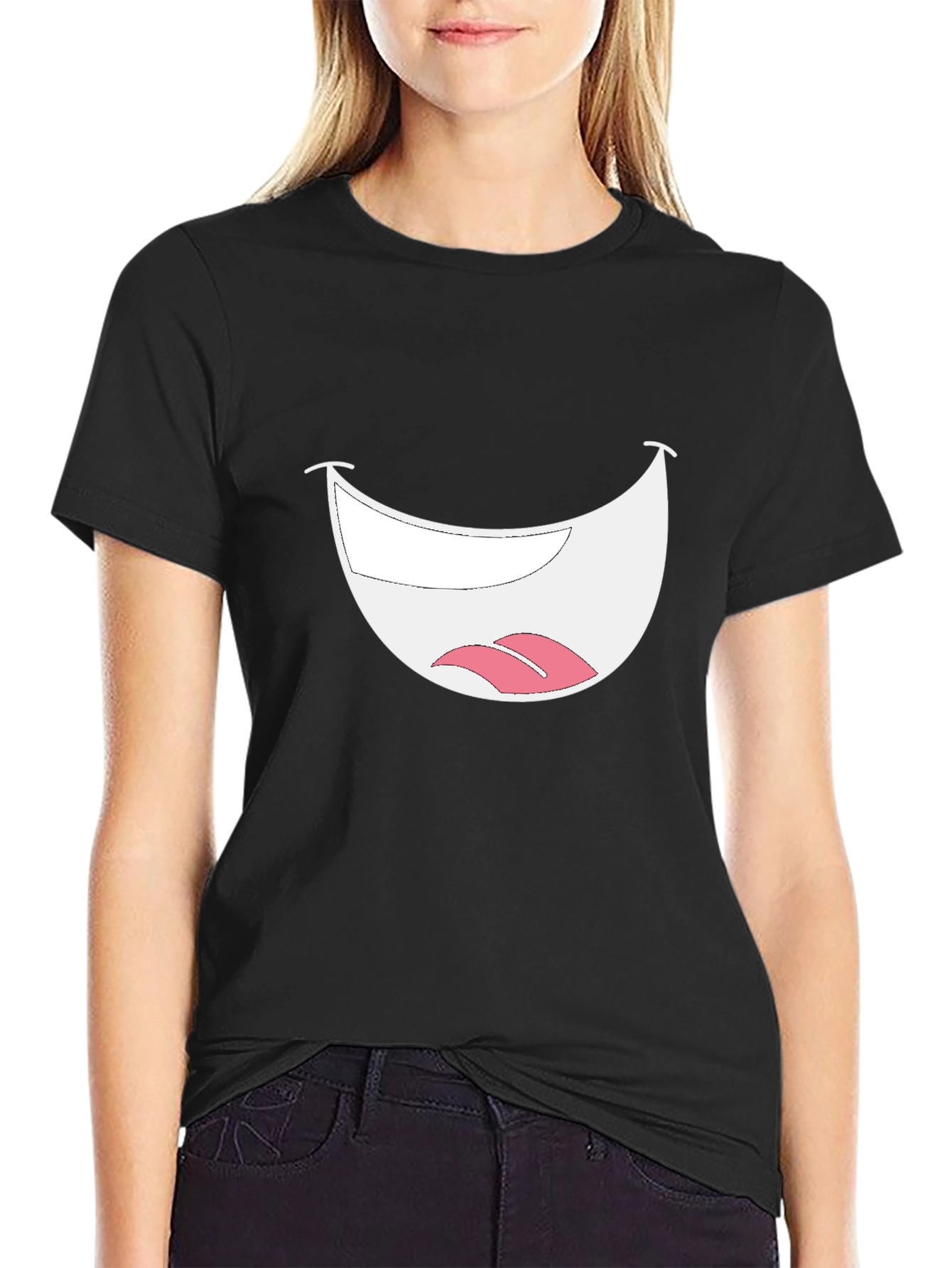 Smiley Mouth Graphic Tee - Black Cotton T-Shirt
