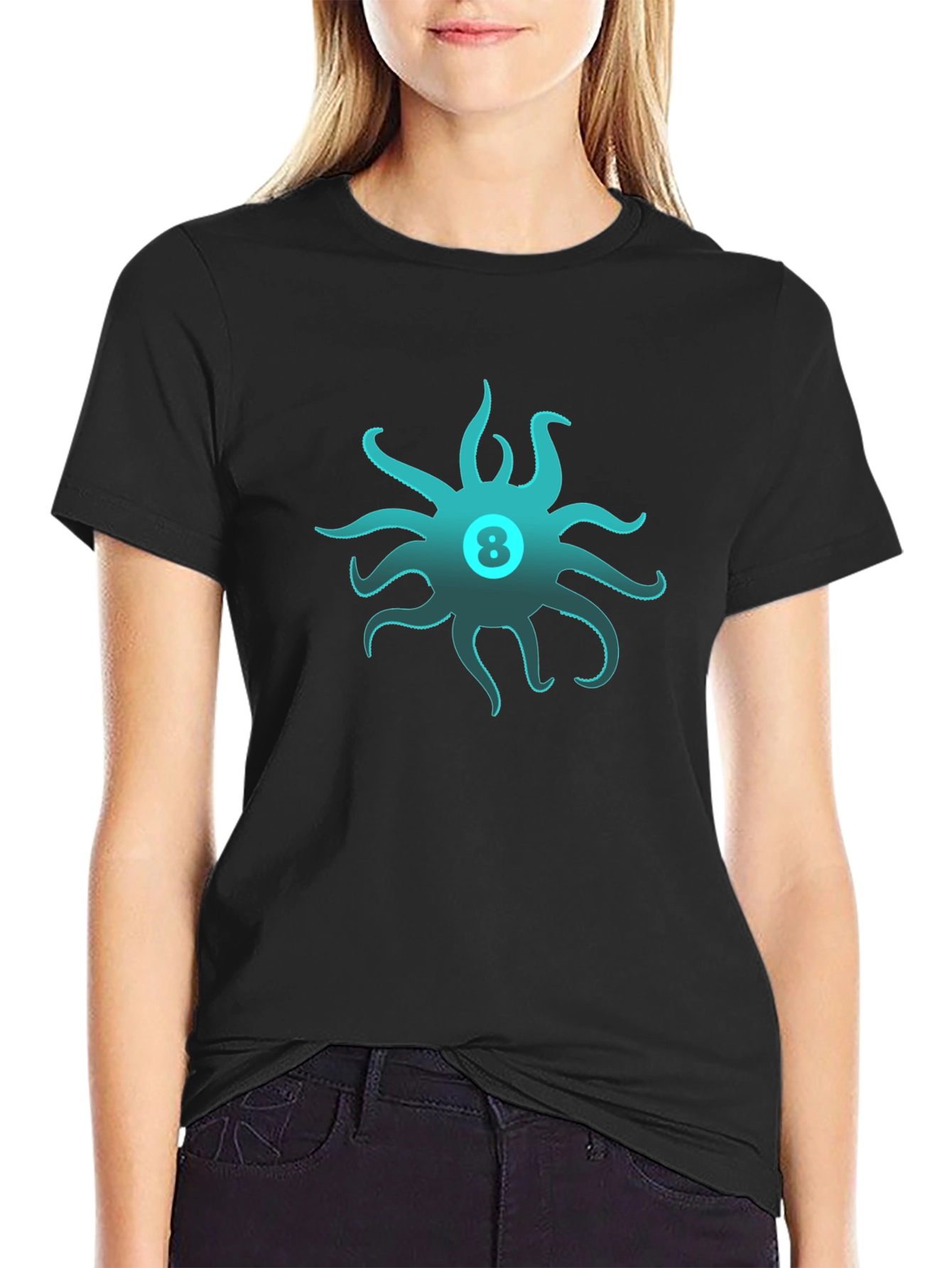 Mens Black T-Shirt with Octopus Eight Ball Design