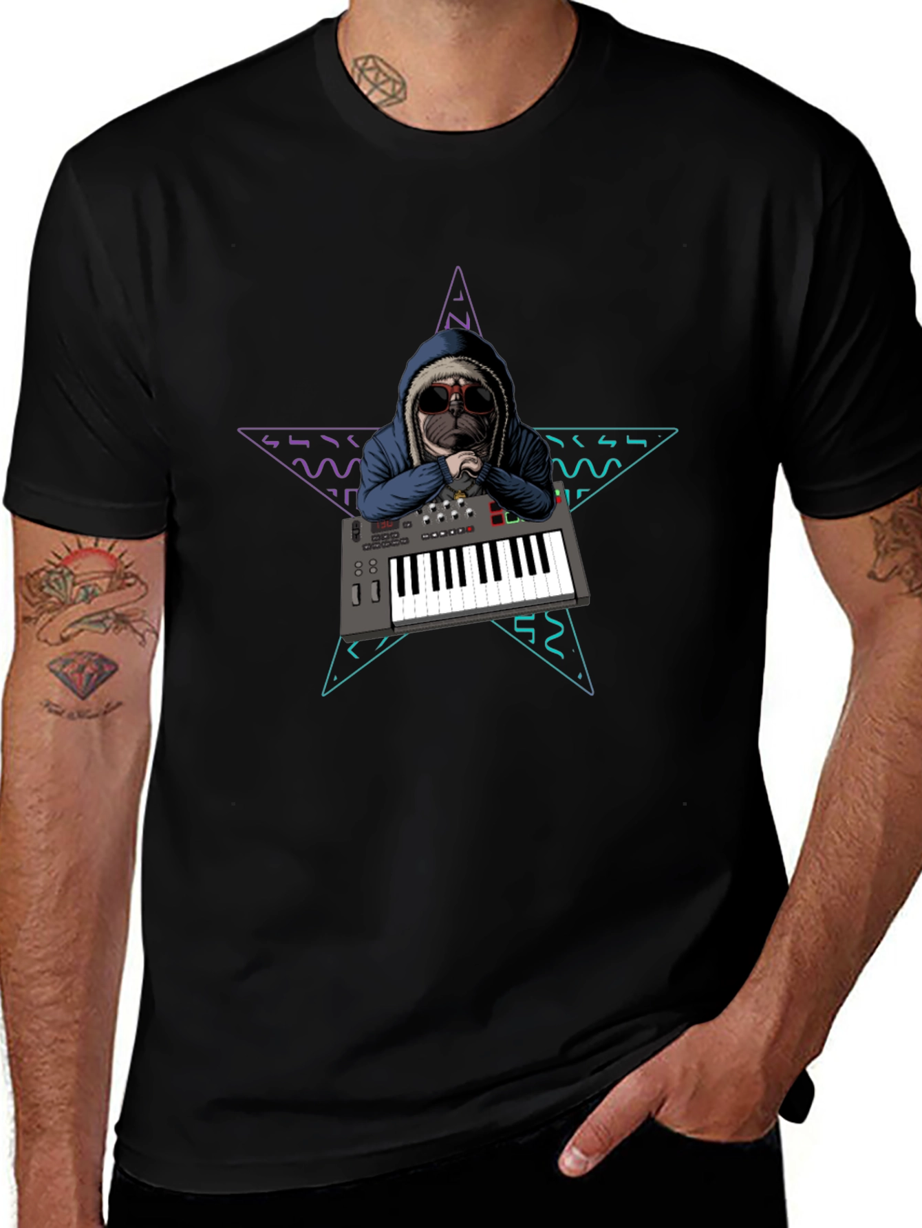 Dog DJ T-Shirt: Retro Star Keyboard Design