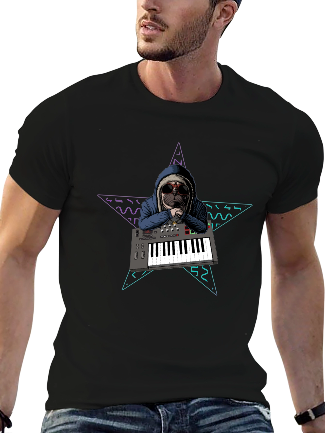 Dog DJ T-Shirt: Retro Star Keyboard Design