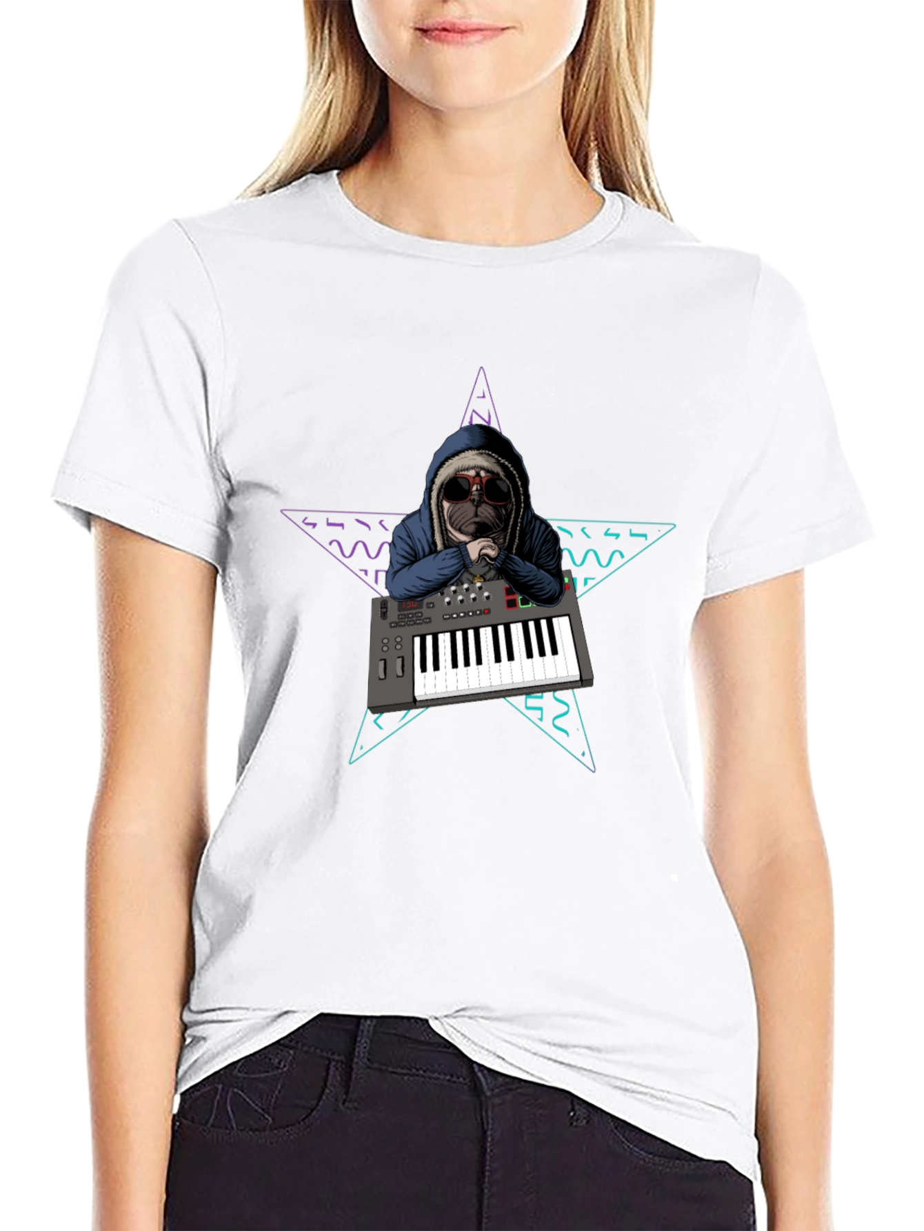 Dog DJ T-Shirt: Retro Star Keyboard Design