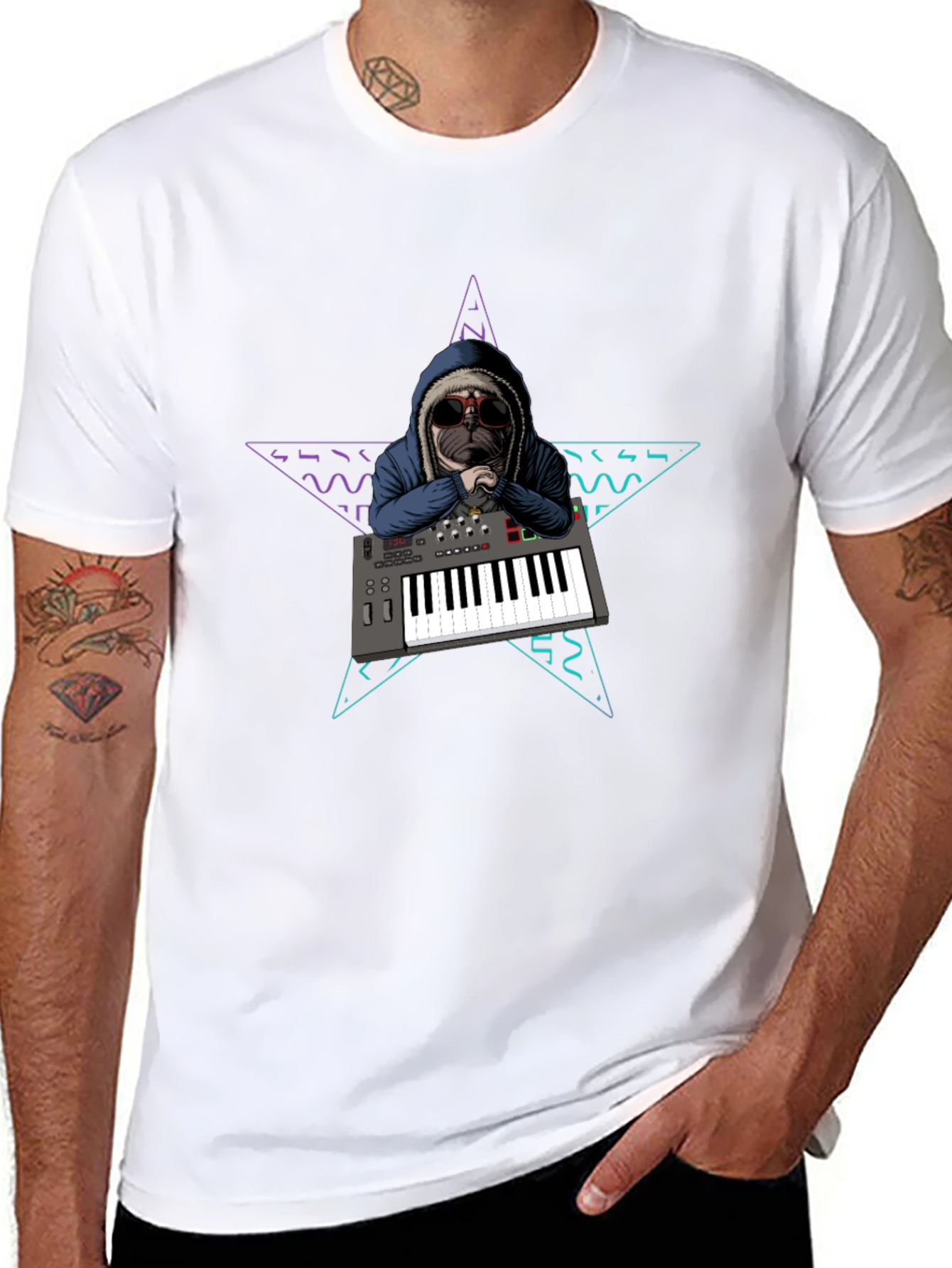 Dog DJ T-Shirt: Retro Star Keyboard Design
