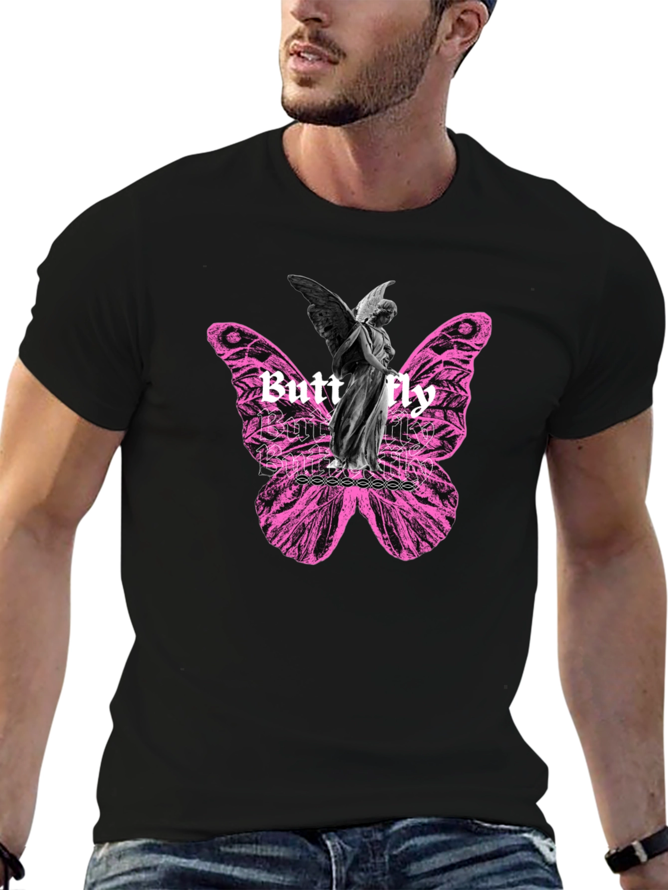 Butterfly Angel Graphic Print Black T-Shirt