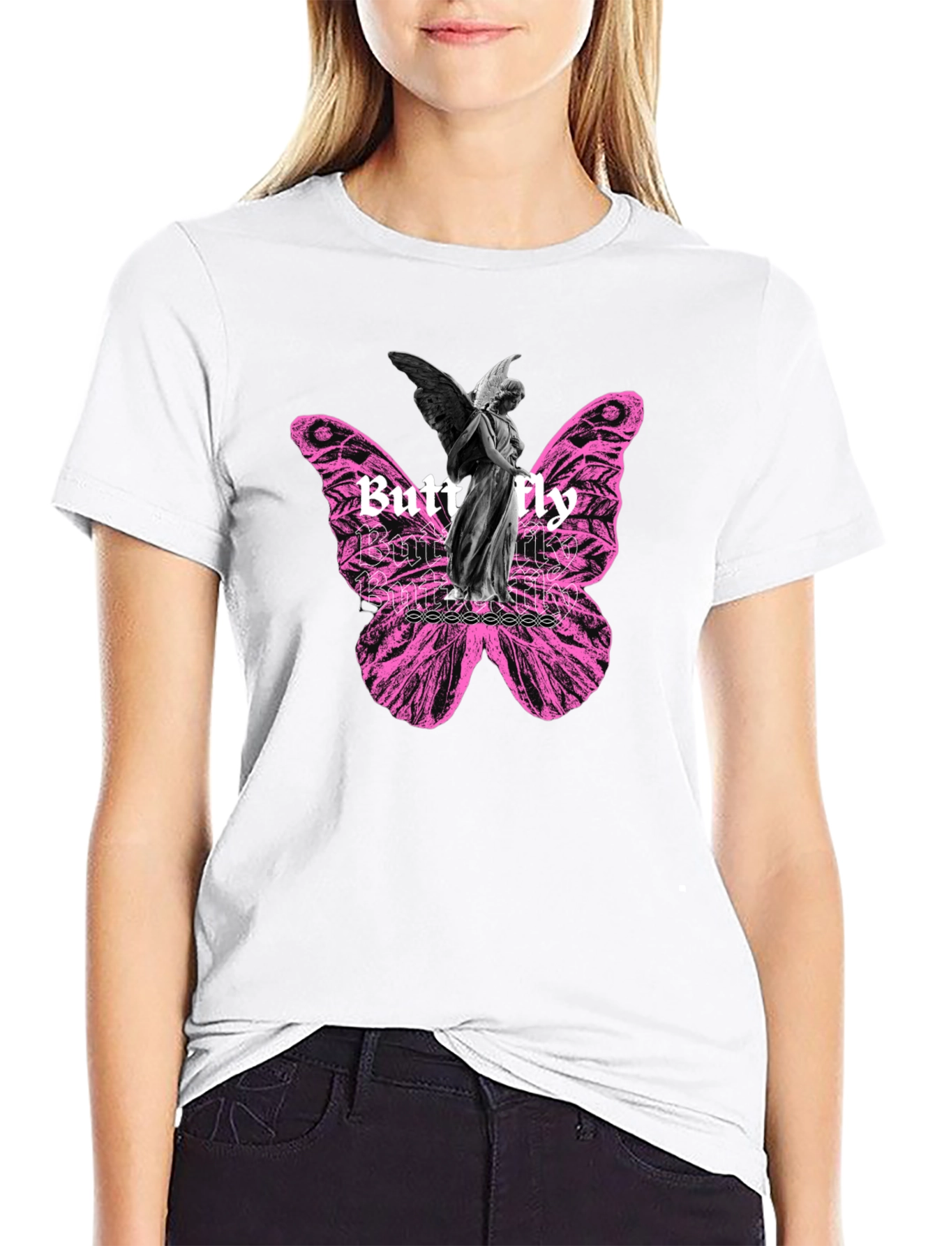Butterfly Angel Graphic Print Black T-Shirt