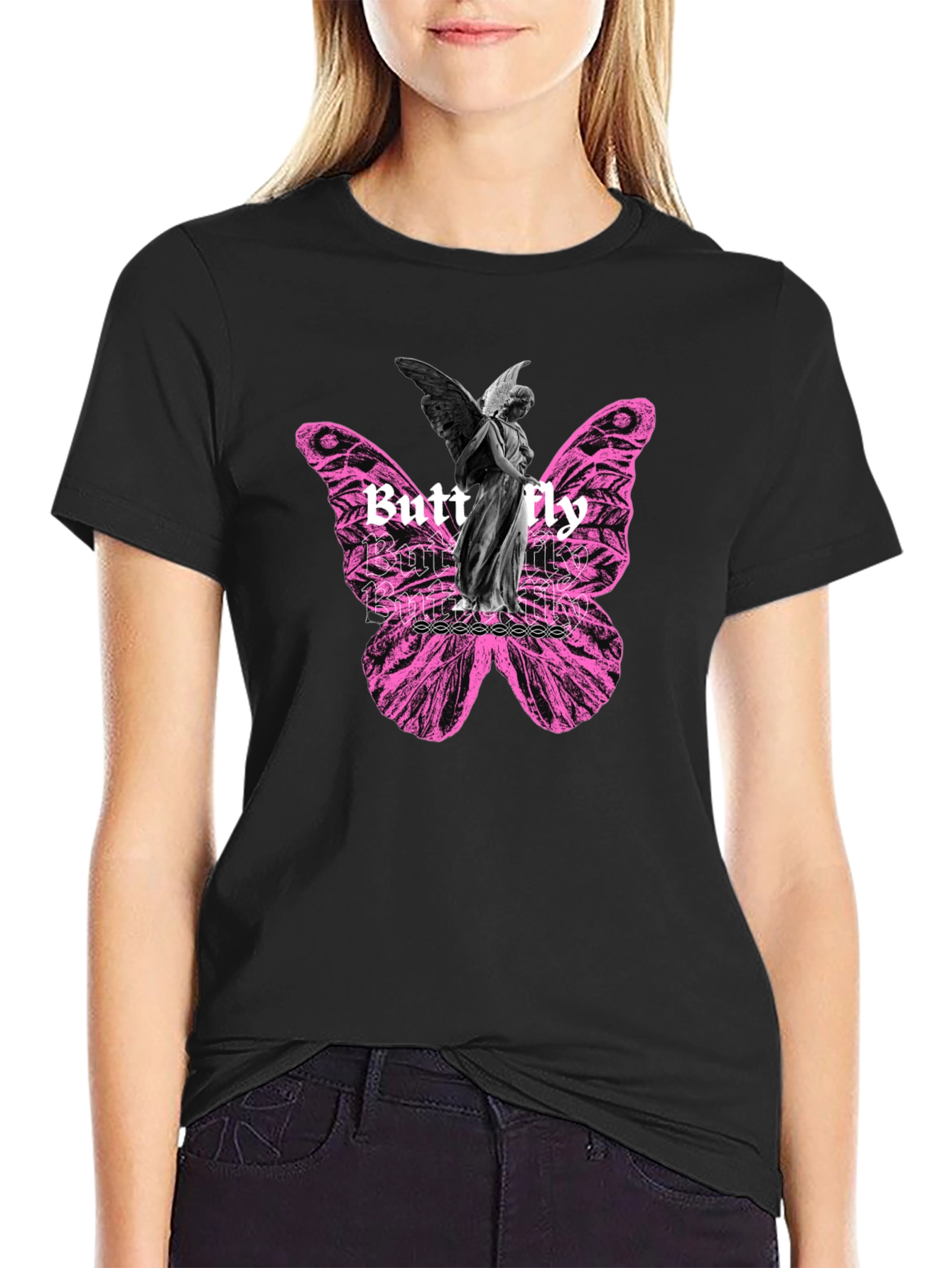 Butterfly Angel Graphic Print Black T-Shirt