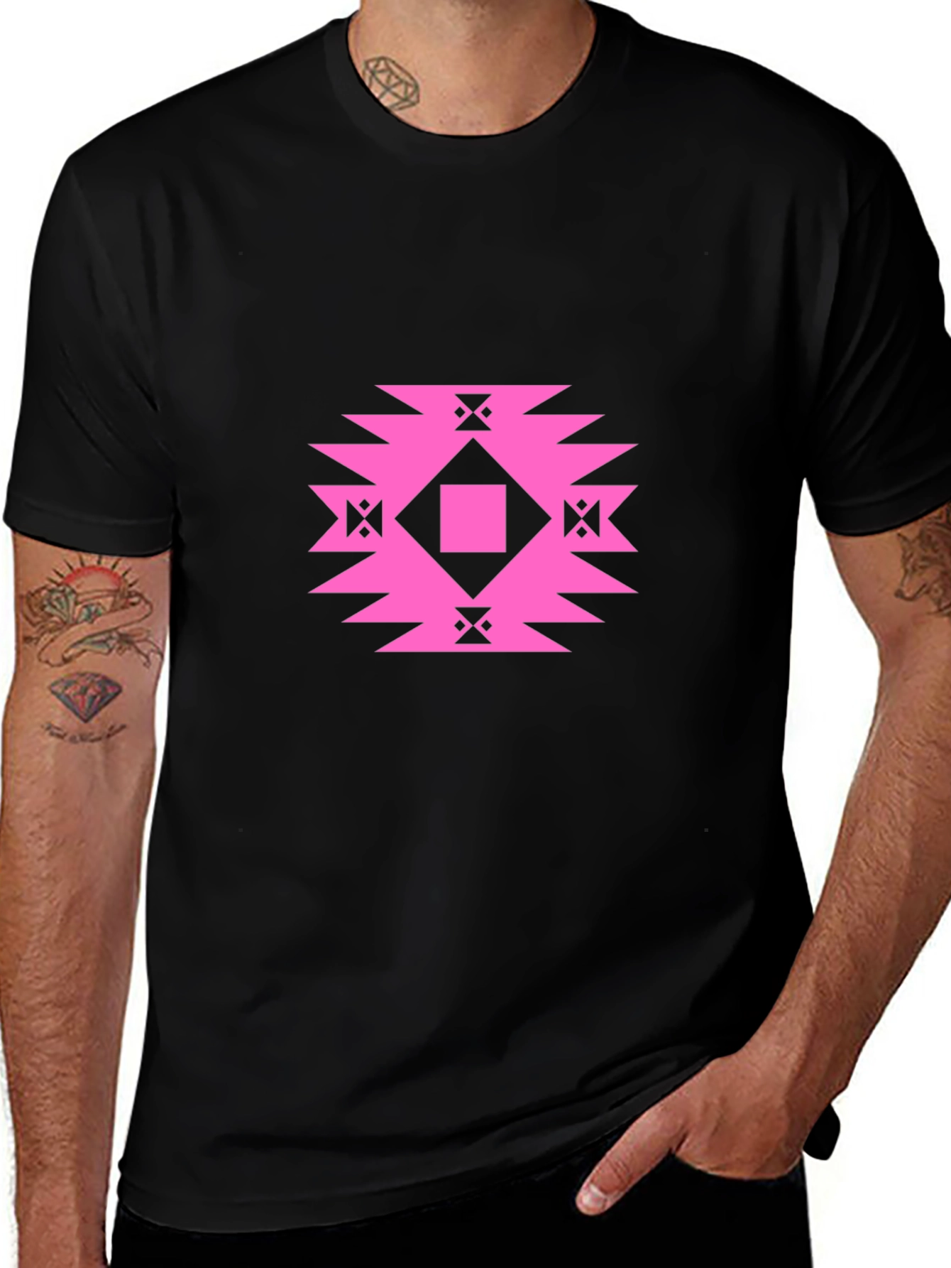 Stylish Black Tee with Geometric Pink Design