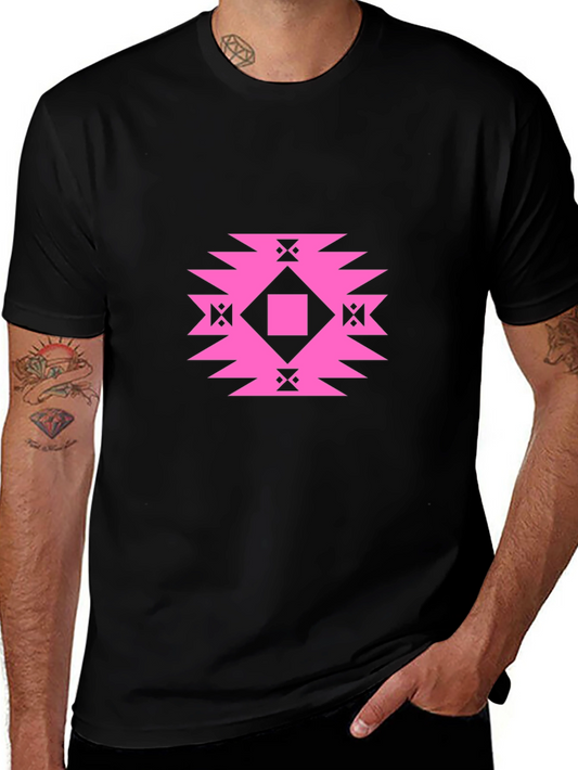 Stylish Black Tee with Geometric Pink Design