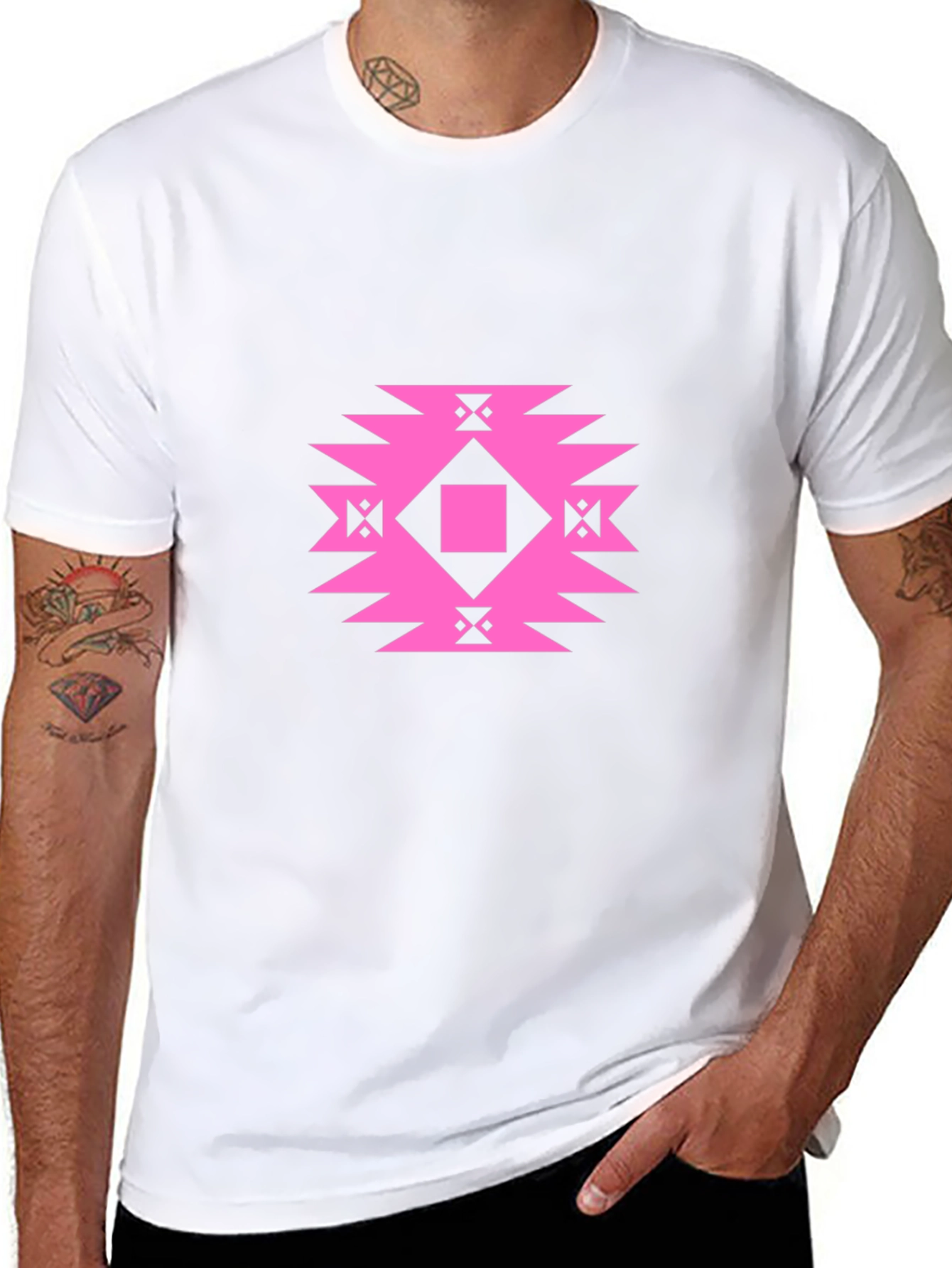 Stylish Black Tee with Geometric Pink Design