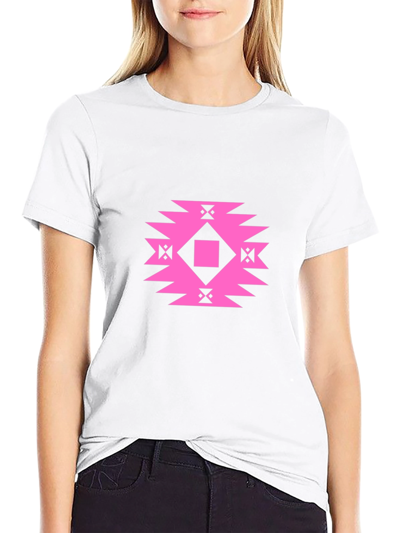 Stylish Black Tee with Geometric Pink Design
