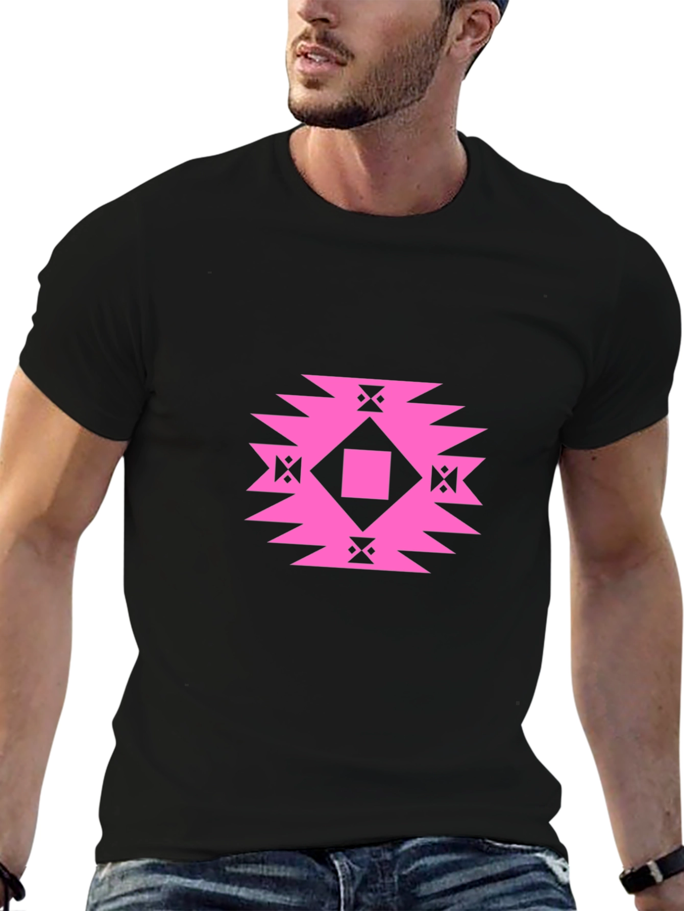 Stylish Black Tee with Geometric Pink Design