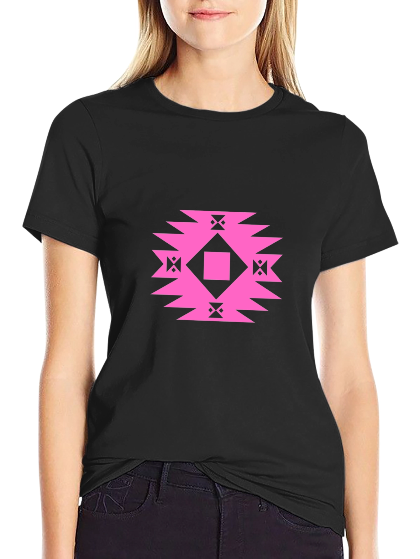 Stylish Black Tee with Geometric Pink Design