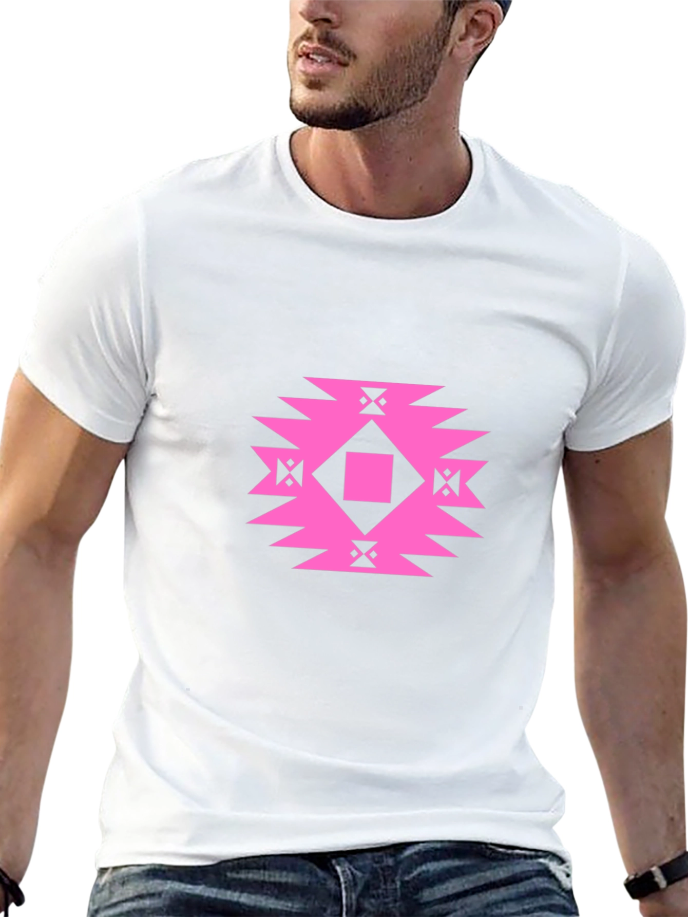 Stylish Black Tee with Geometric Pink Design
