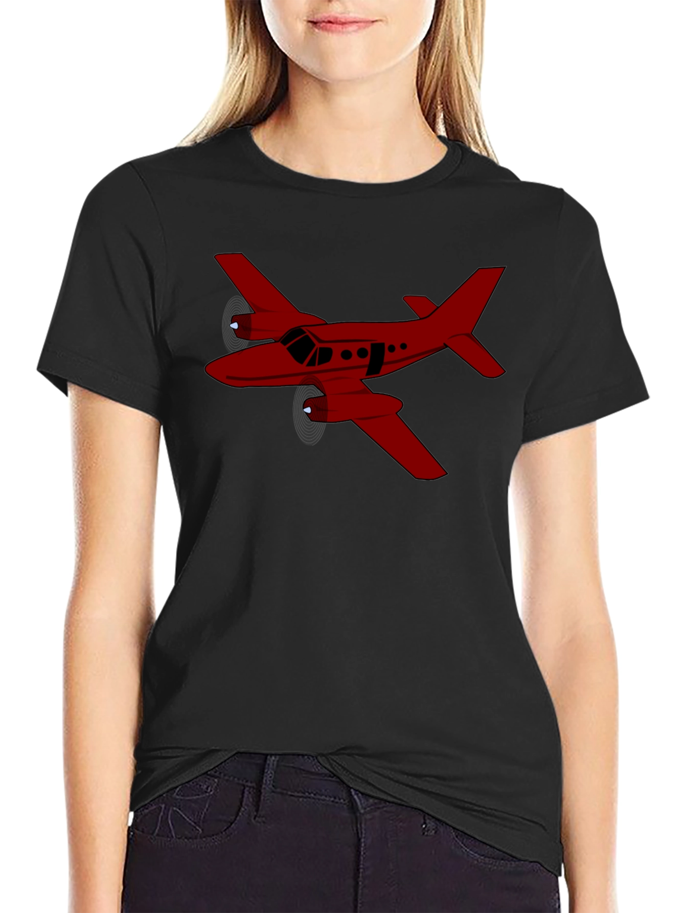 Red Airplane Graphic Black T-Shirt