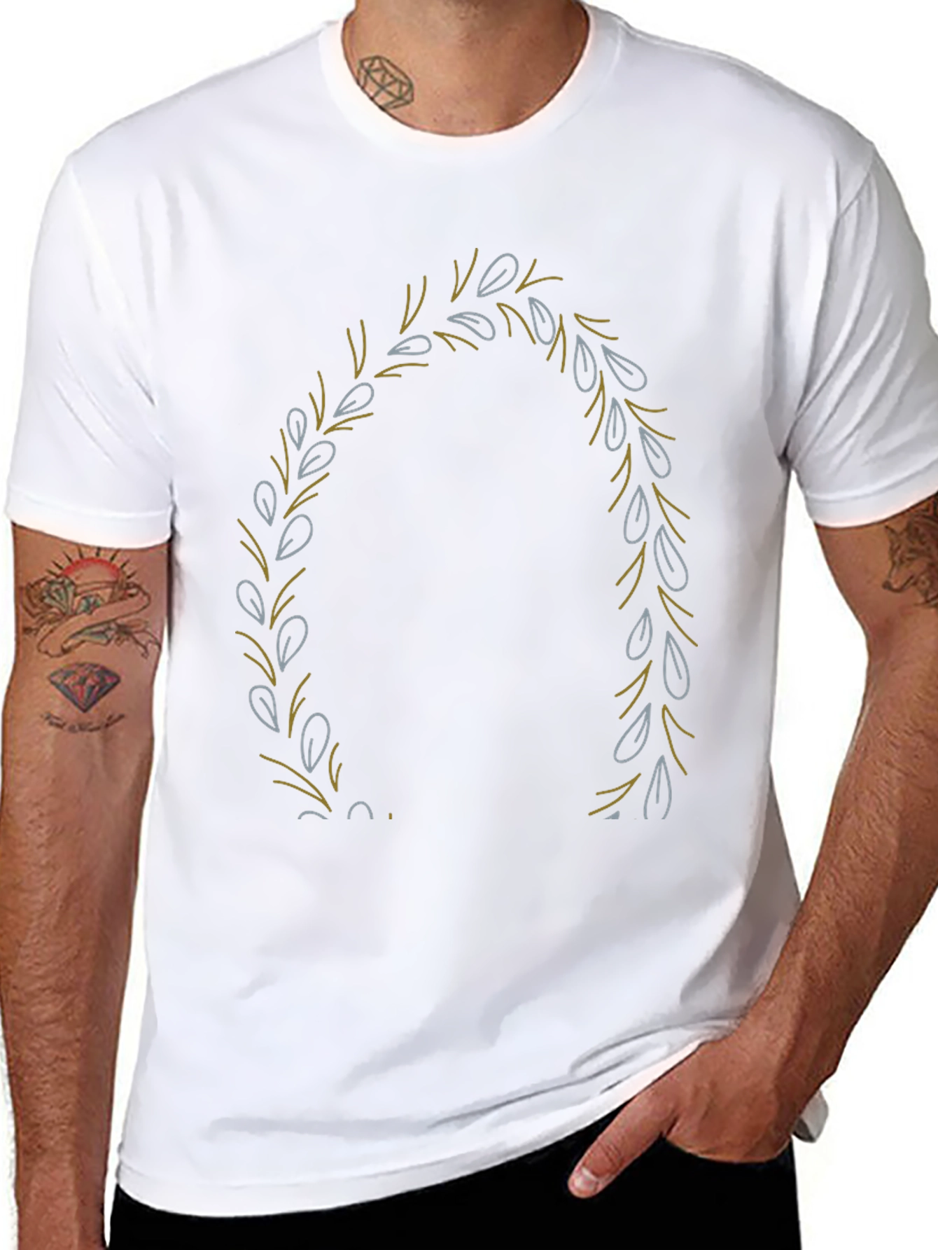 Mens Black T-Shirt with Leaf Wreath Design