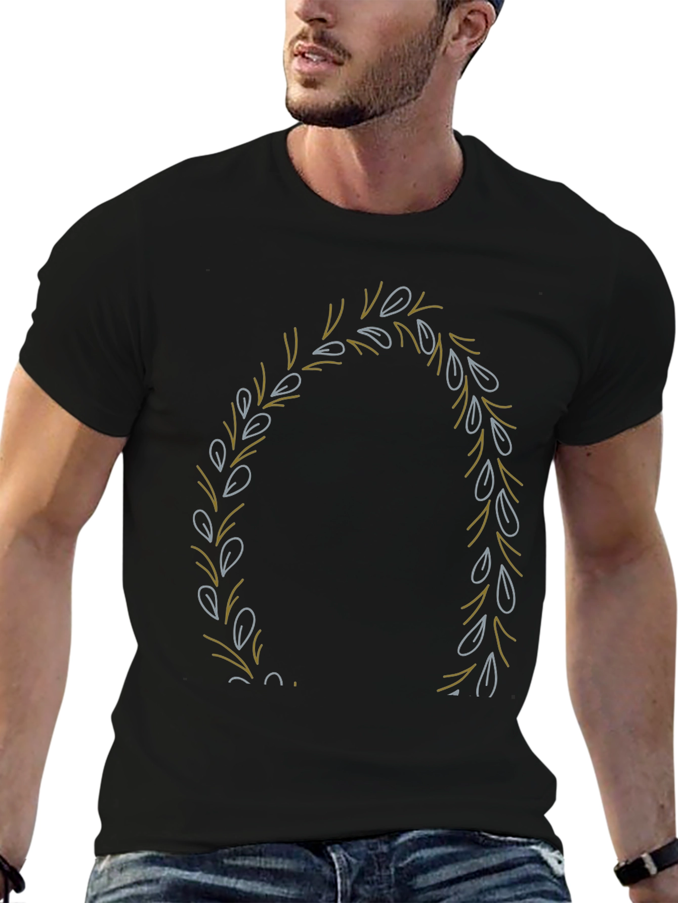 Mens Black T-Shirt with Leaf Wreath Design