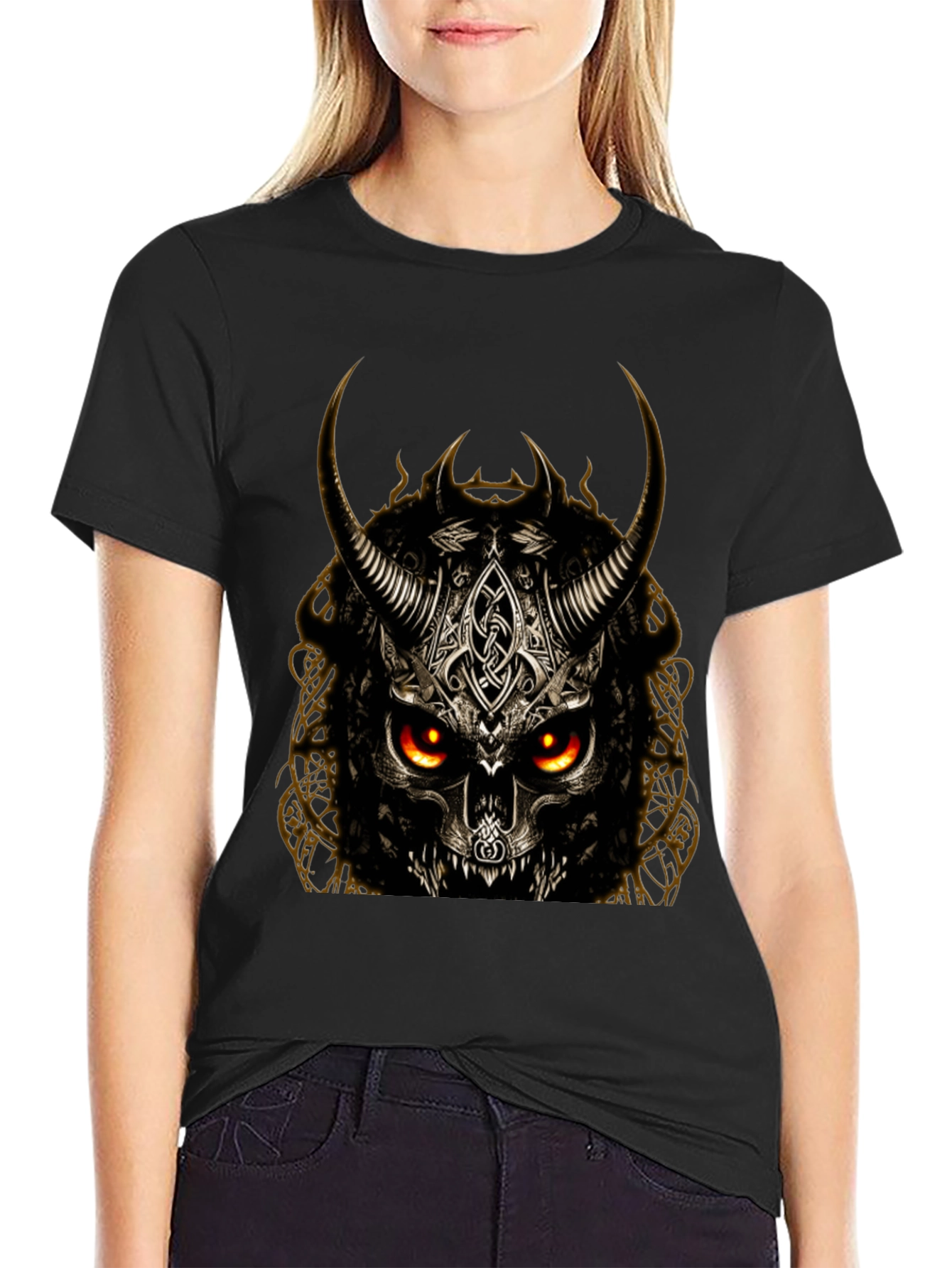 Horned Skull Graphic T-Shirt - Dark Viking Style