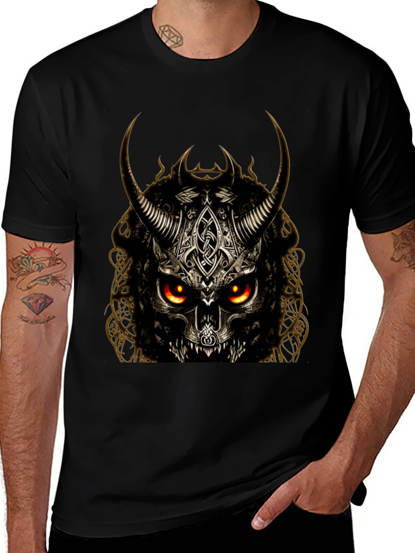 Horned Skull Graphic T-Shirt - Dark Viking Style