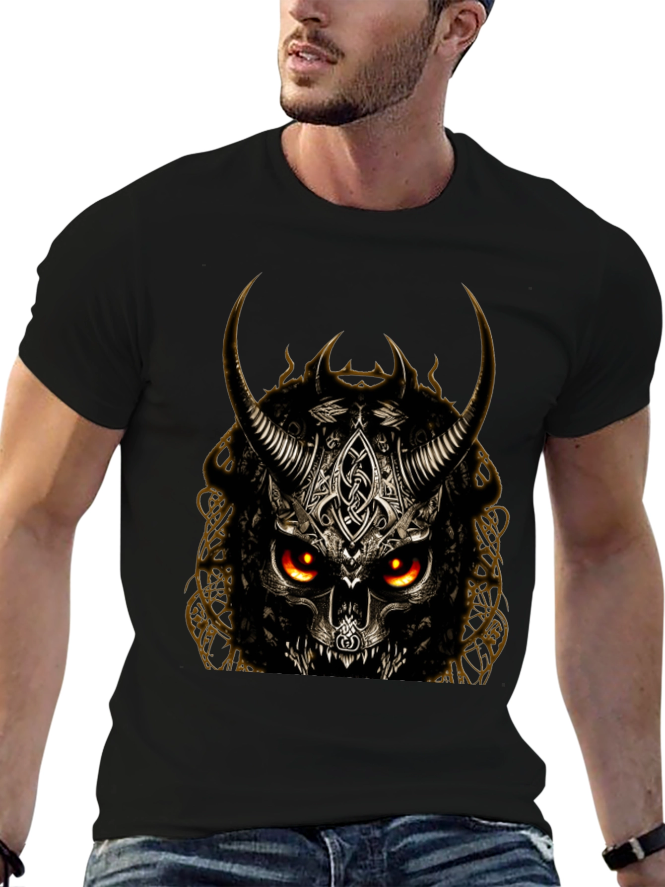 Horned Skull Graphic T-Shirt - Dark Viking Style