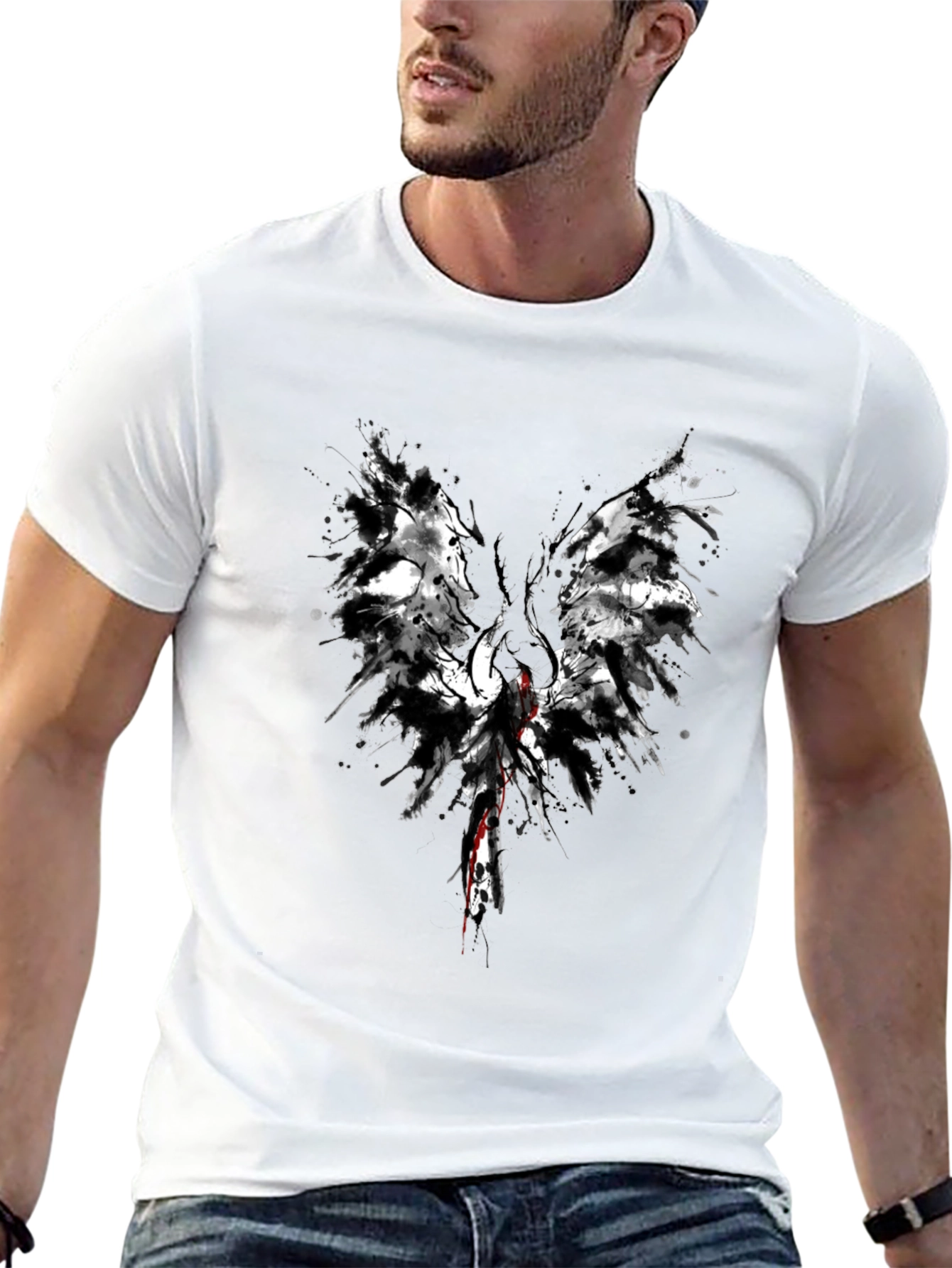Abstract Winged Graphic Tee - Black Cotton Blend