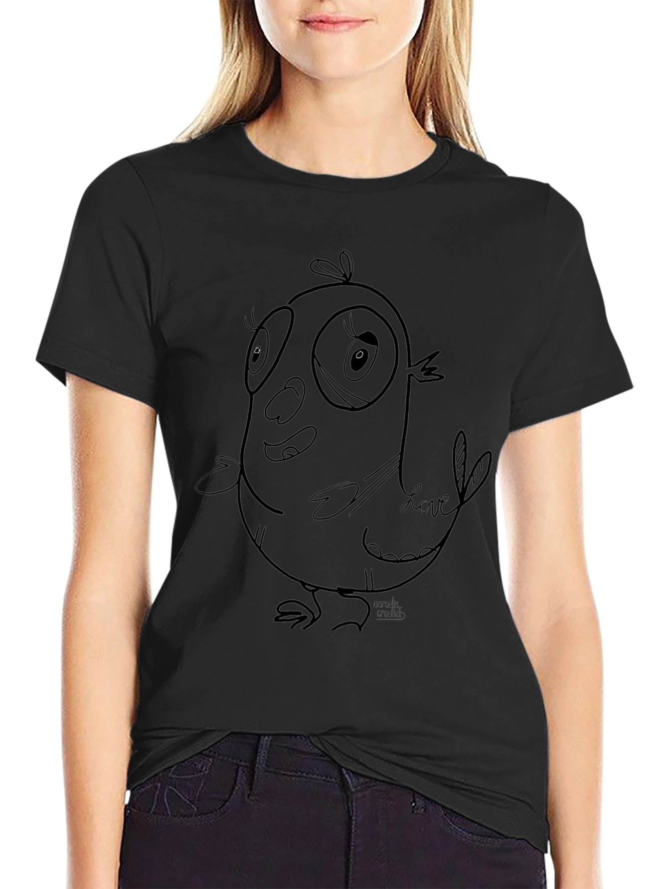 Cartoon Bird Graphic Black T-Shirt