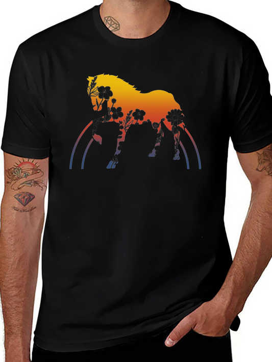 Floral Horse Graphic Tee - Unique Sunset Rainbow Design