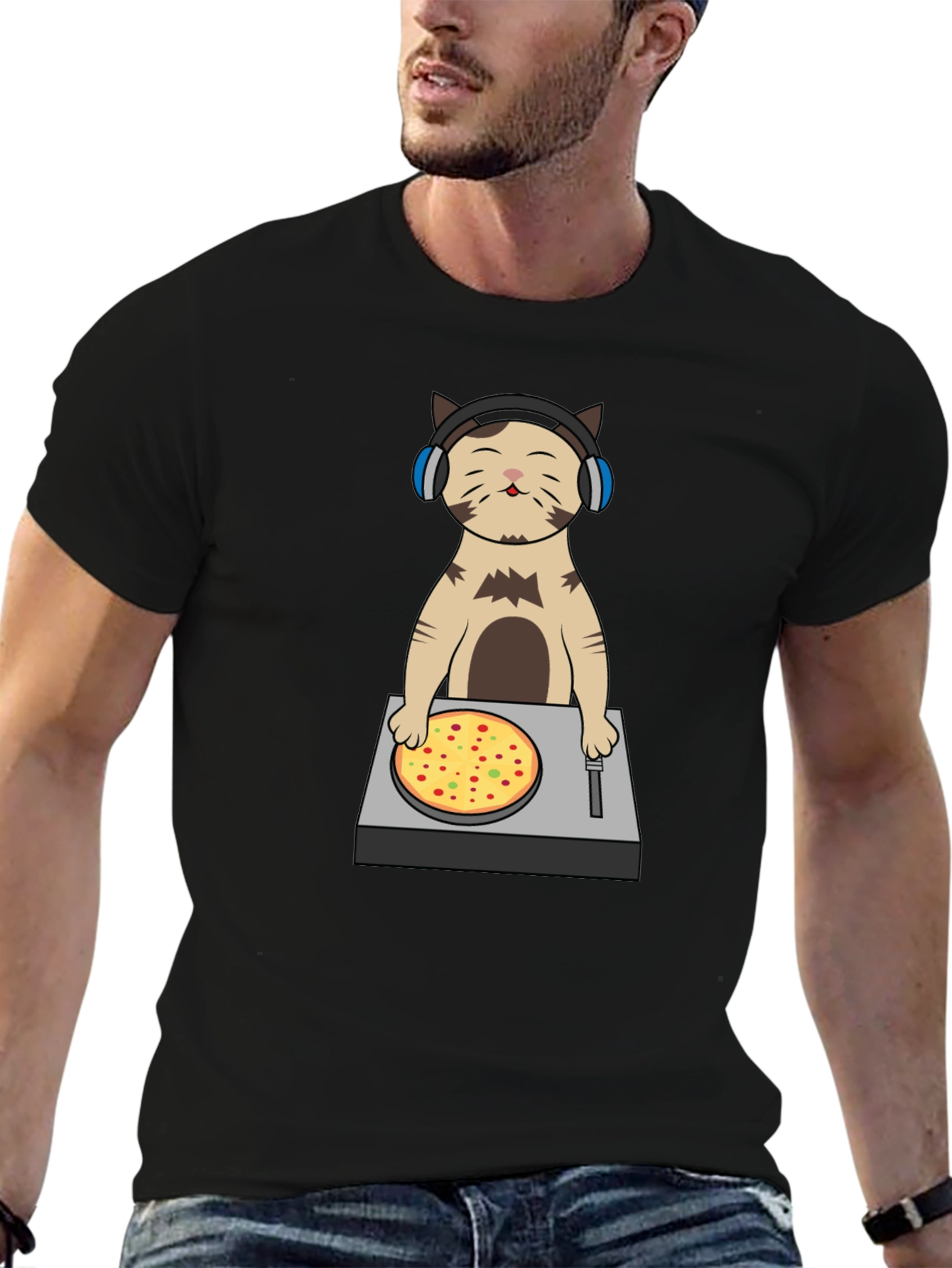 DJ Cat Pizza Turntable Graphic T-Shirt