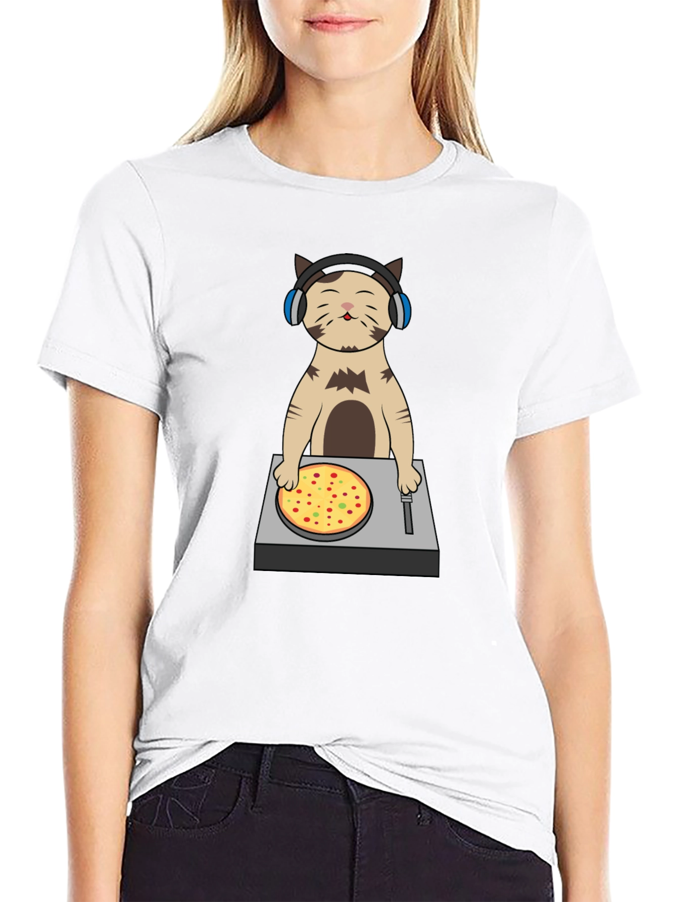 DJ Cat Pizza Turntable Graphic T-Shirt