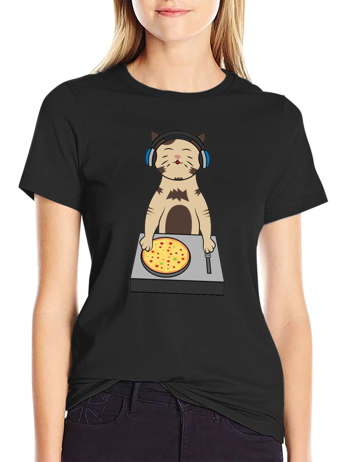 DJ Cat Pizza Turntable Graphic T-Shirt